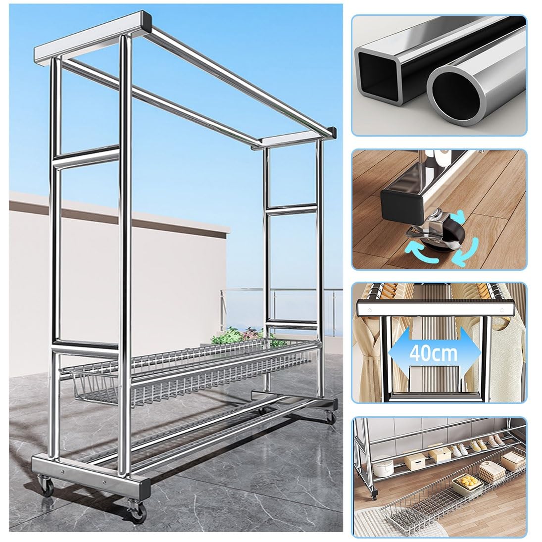 Wäscheständer mit Seilzug, freistehender Wäscheständer for drinnen und draußen, Wäscheständer aus Edelstahl for Wäsche, Badezimmer und Balkon(150 * 50 * 150cm)