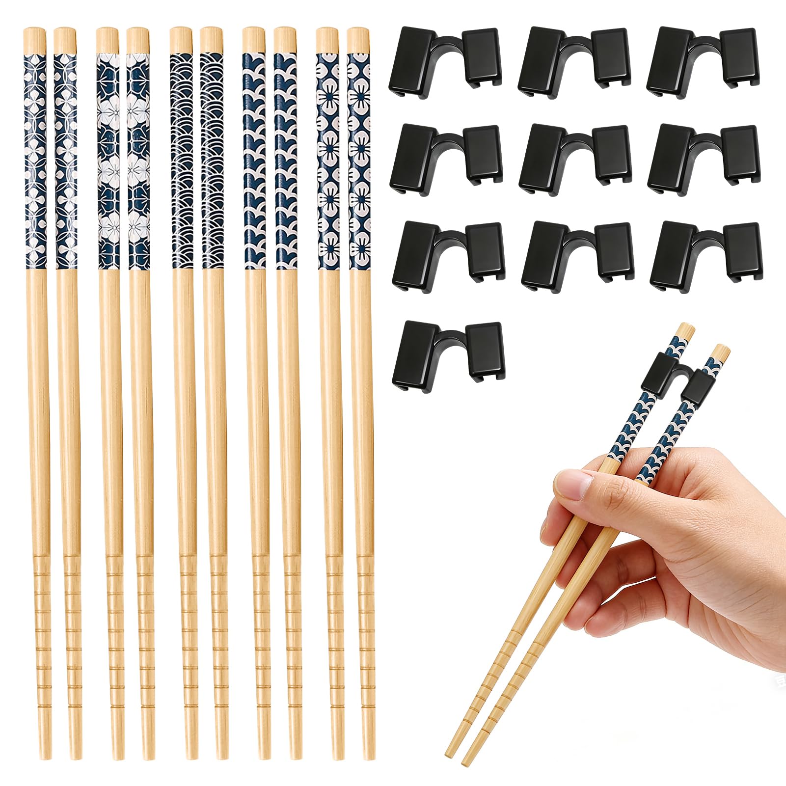 Chopsticks for Beginners, 5 Pairs Reusable Training Chopsticks, Chop Sticks for Beginners ,Reusable Training Chopstick Adults with Assistive Features Dishwasher Safe (Black)