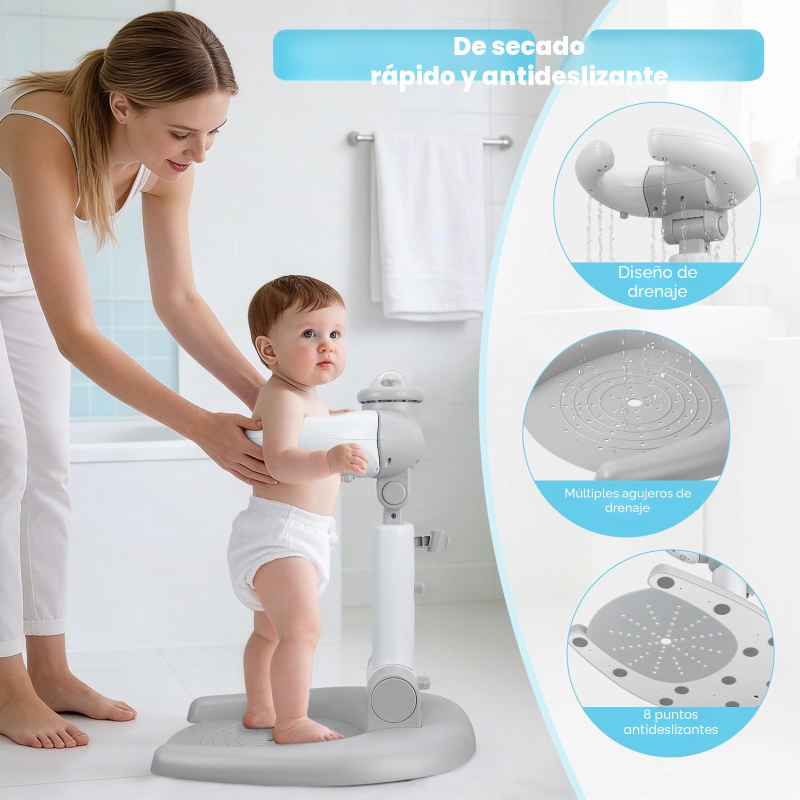 Soporte de ducha ajustable para niños, soporte para ducha de bebé, plegable 2 en 1, con taburete