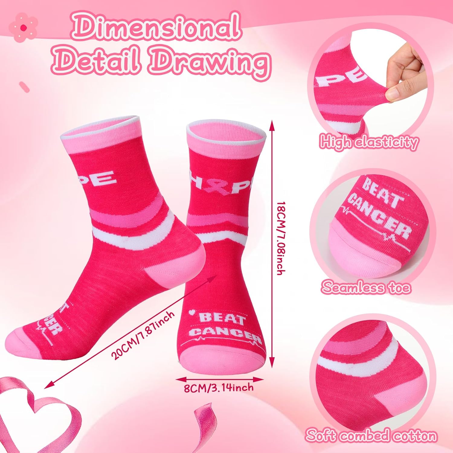 Toulite 30 Pairs Breast Cancer Awareness Socks Pink Crew Socks Bulk Pink Ribbon Soft Breast Cancer Socks for Women Survivor Gifts