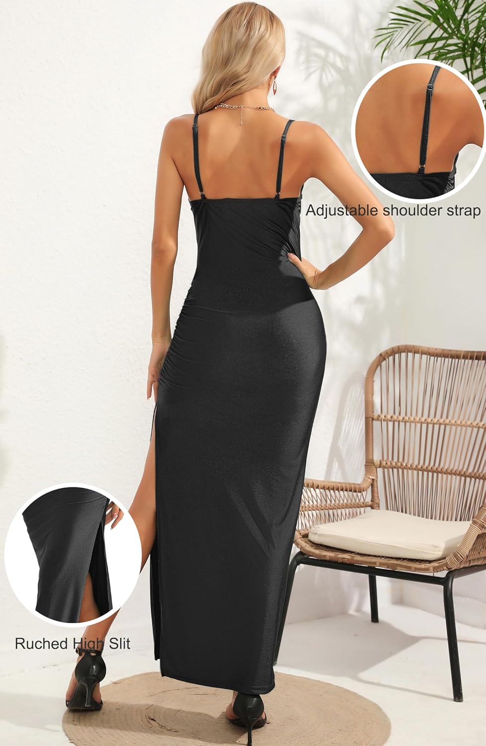 Aigeman Women Spaghetti Straps Cowl Neck Maxi Dress Bodycon Formal Dresses Ruched High Slit Cocktail Party Dress 60 - Image 7