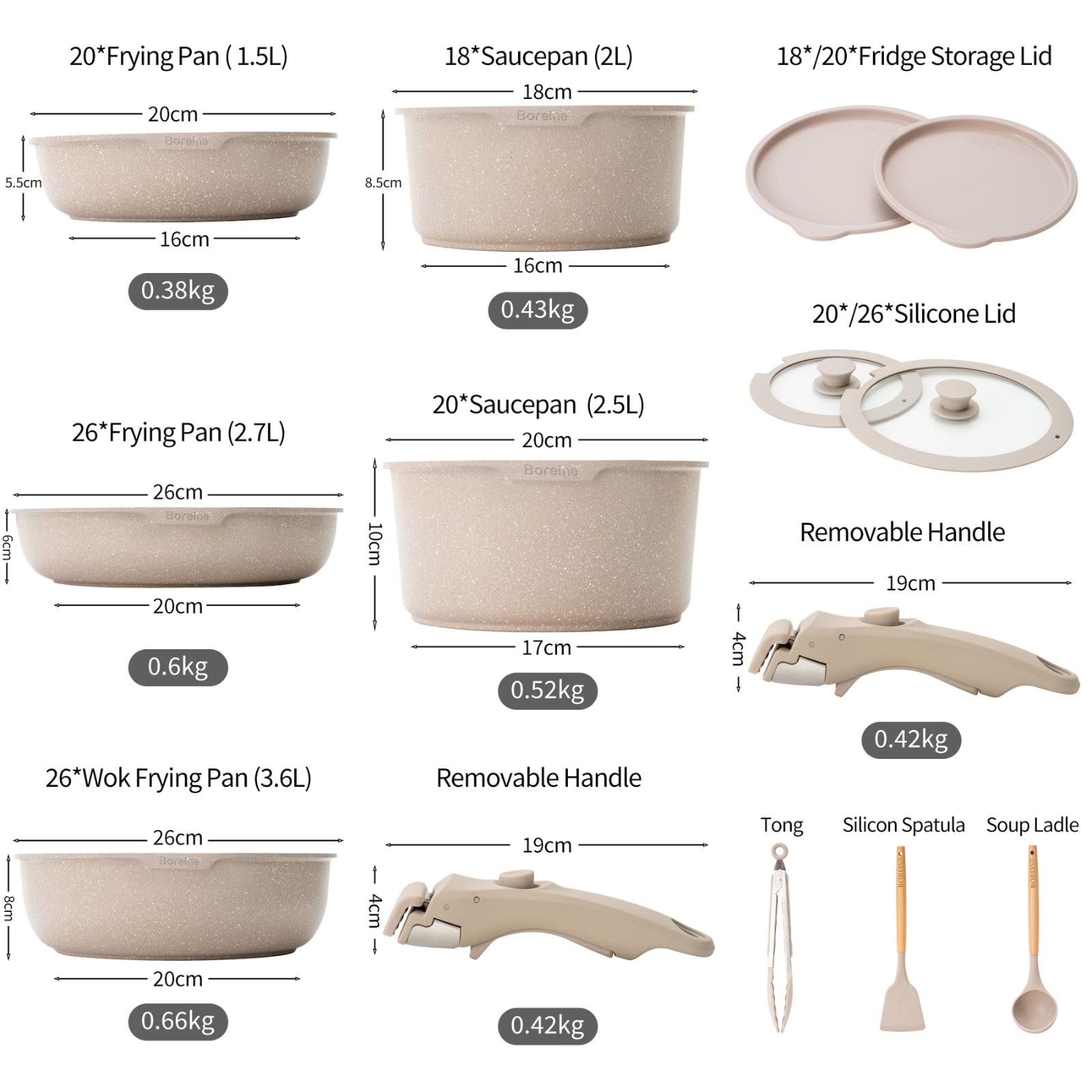 BOREINE Set di Pentole e Padelle 14 Pezzi, Batteria Pentole Antiaderente Senza PFOA e PTFE, Manico Removibile, Compatibile Induzione, Gas, Forno e Tutti i Piani Cottura, Marrone