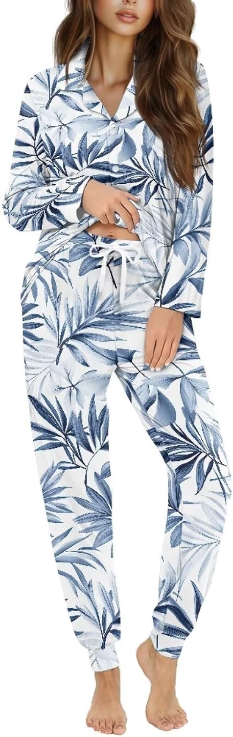 Women's Soft Comfy Pjs Sets, Long Sleeve Top Long Pants Loose Sleepwear 2Pcs Loungewear with Button Casual Outfits