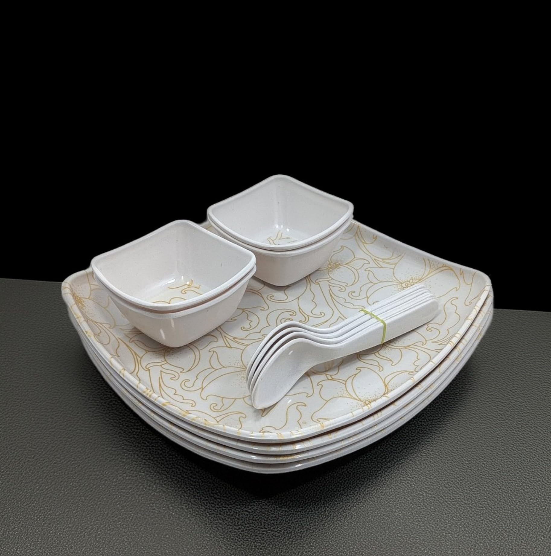 Upgrade Your Dining with Our Inpro 12-Piece Melamine Square Dinner Set Contains 4 Full Plates, 4 Bowls and 4 Spoons- Perfect Kitchen Utensils Set for Family Meals!