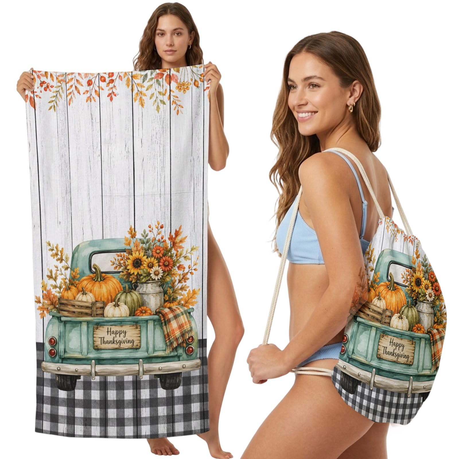FWJZDSP 2-in-1 Beach Towel Backpack,Happy Thanksgiving Green Truck Bath Towel with Built-in Storage Black White Plaid Convertible Foldable Beach Blanket for Travel Pool Gym Camping Swim,31x63in