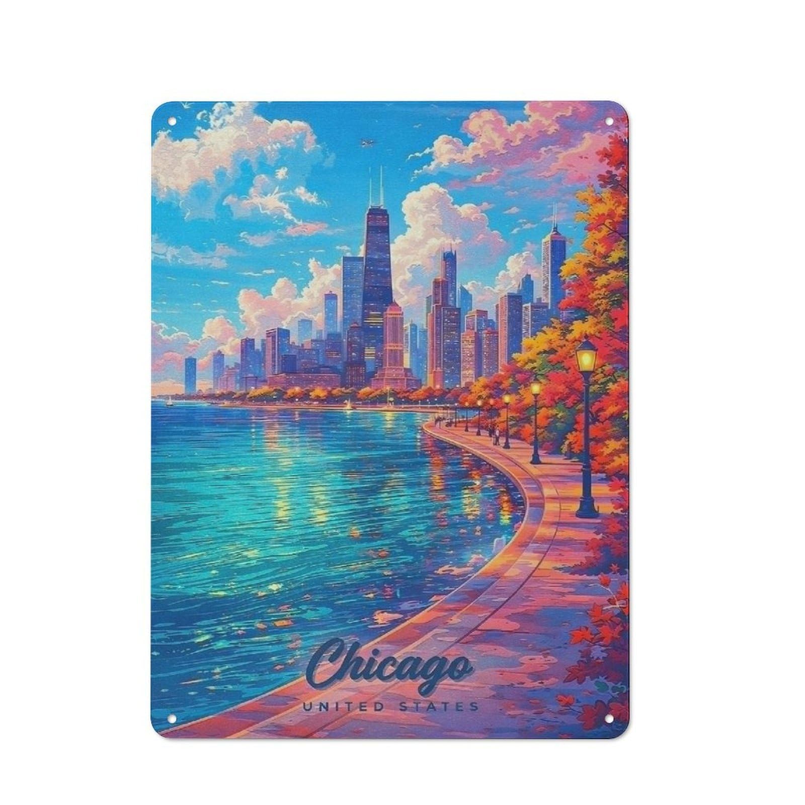 Junmoney Style-16 Chicago Skyline In Autumn Vintage Metal Sign 40X30cm, Shop Front Style Cafe Wall Decor For Takeaway, Bar, Kitchen Or Counter Area