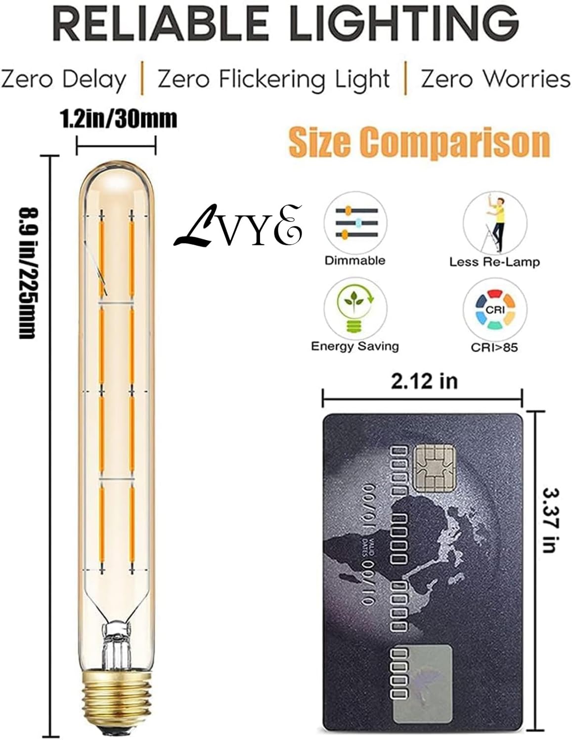 E26 Dimmable Led Tubular Bulb 8W Long Tube Edison Light Bulbs 2700K Warm White T10 Vintage Filament Bulb 75W Equivalent, 8.9inch, Amber Glass Cover E26 Medium Base. (4-Pack)