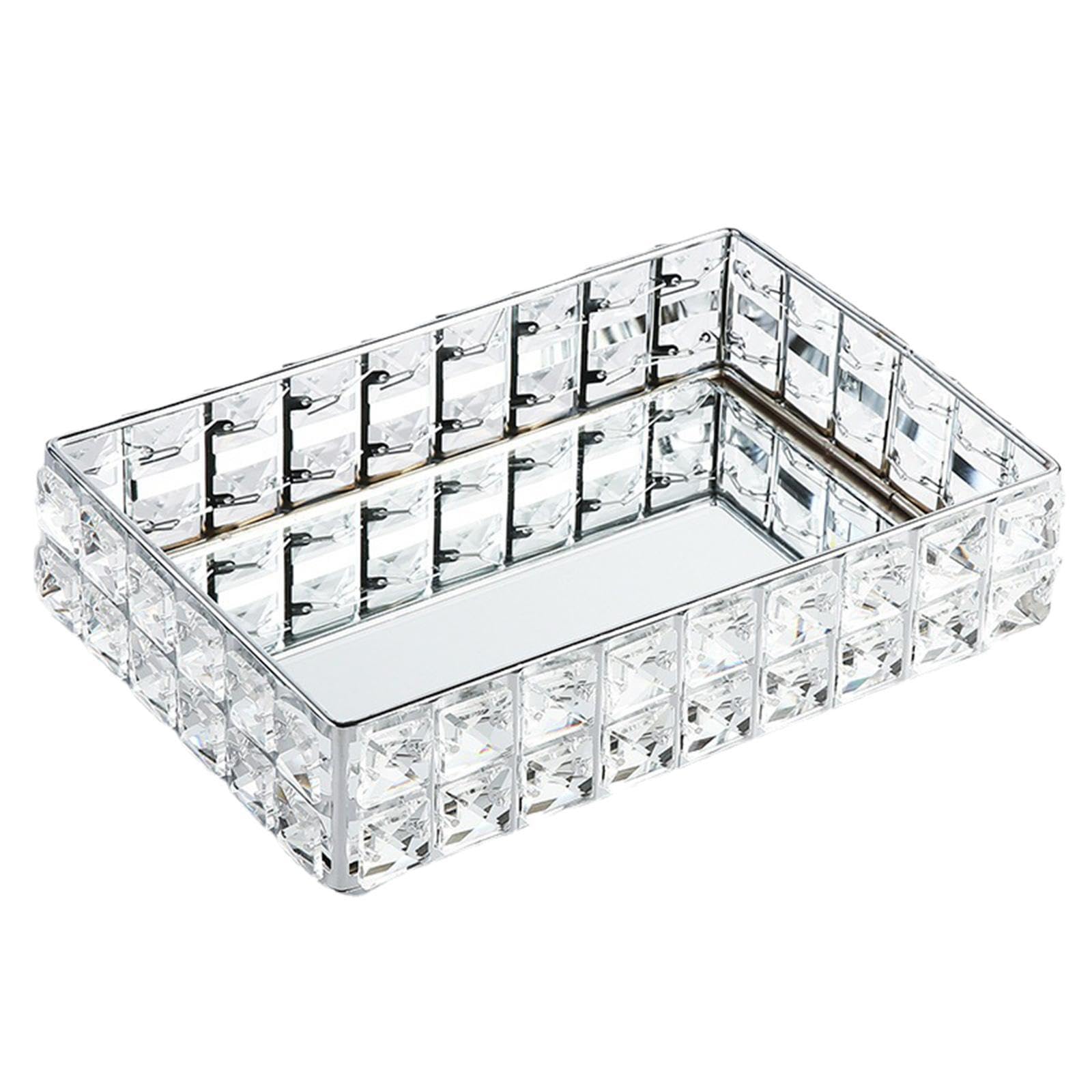 PIXZCSA Elegant Metal Crystal Vanity Tray Stylish Mirror Bottom Decorative Pieces Silver Metal Crystal Jewelry Tray