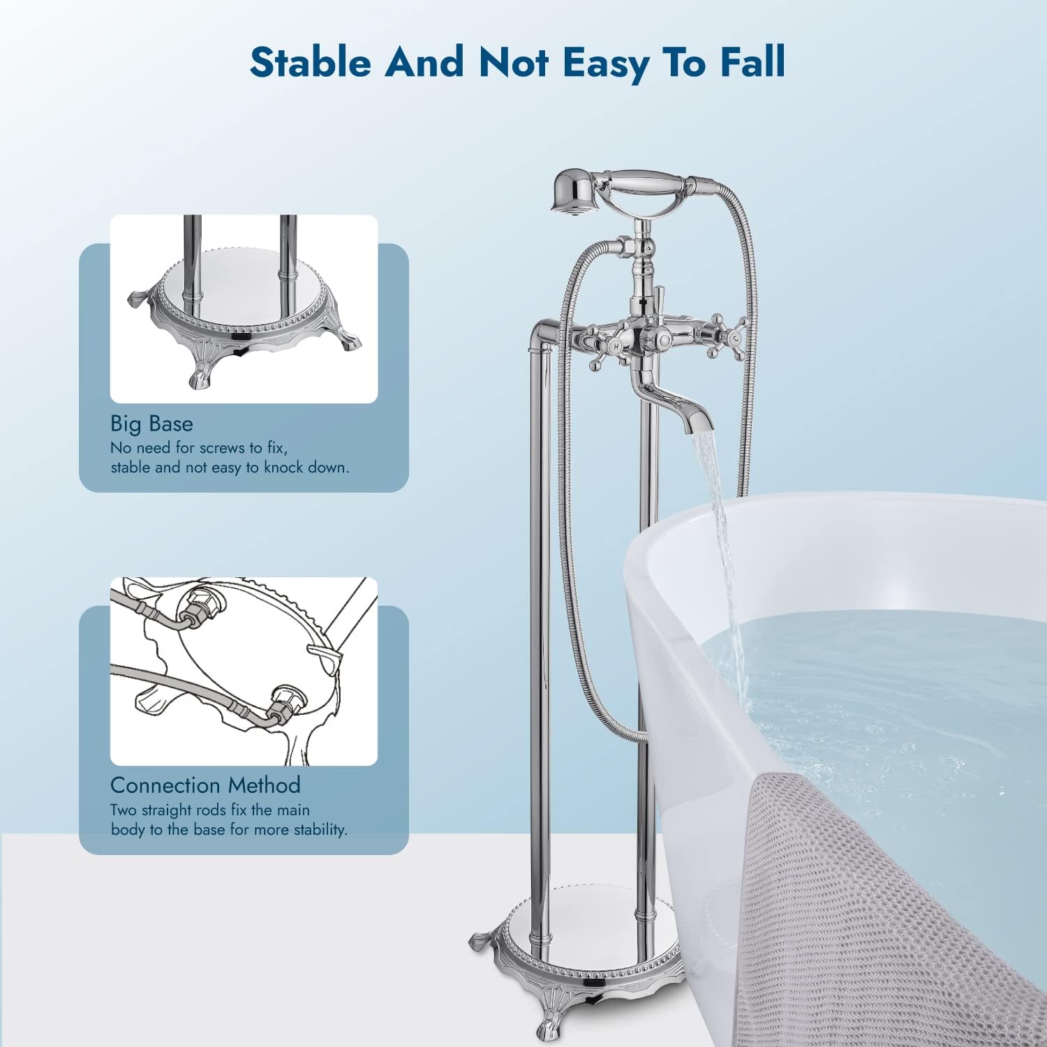 Polish Chrome Freestanding Bathtub Faucet Floor Mount Tub Filler Double Cross Knobs Bathroom Mixer Tap with Handheld Shower Telephone Shape