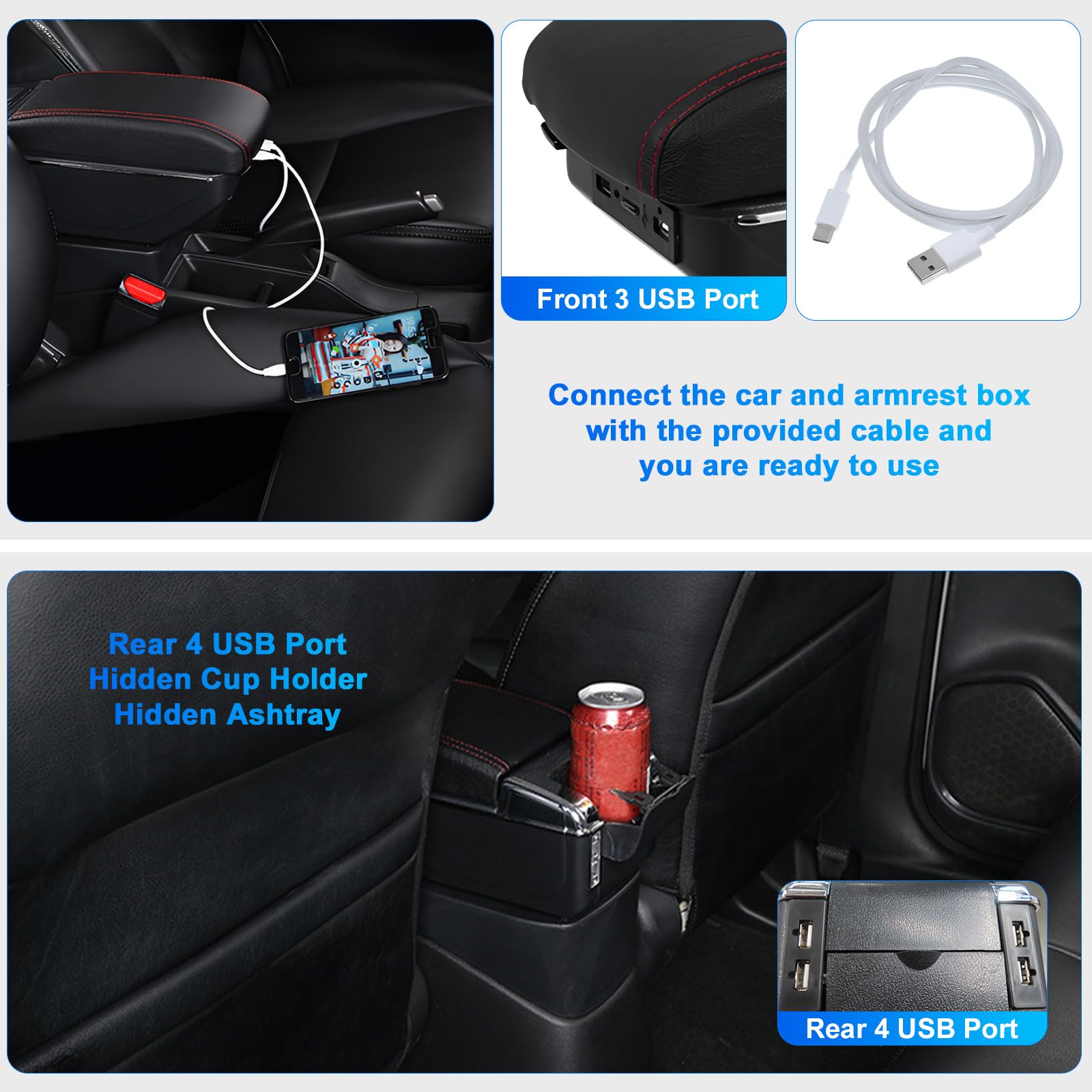 Bracciolo compatibile con Dacia Duster II 2019-2023, bracciolo centrale con 7 USB a doppio strato, scatola portaoggetti in pelle nera, linea rossa