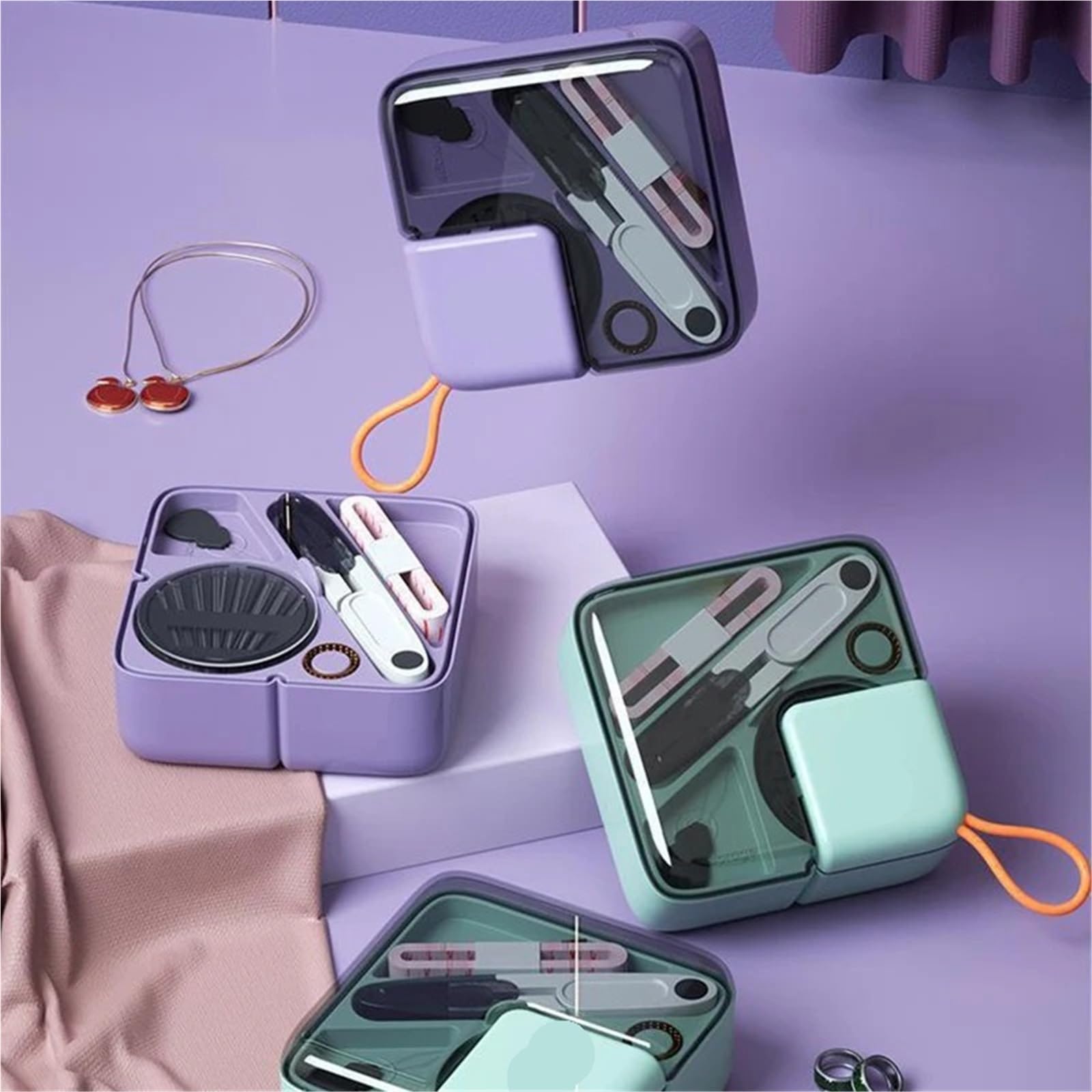 Set di scatole da cucito Scatola immagazzinaggio for a mano portatile e multifunzionale Mini set for uso domestico viaggio Kit(Dark Green)