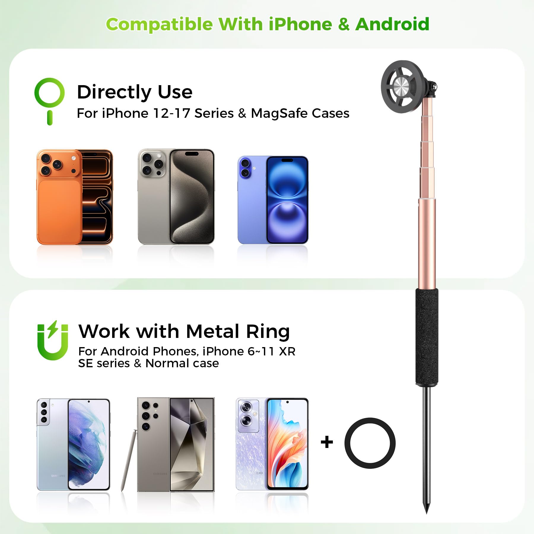 Perche à selfie de golf avec piquet et trépied, support magnétique MagSafe pour téléphone, rotation à 360°, perche réglable de 73 à 119,4 cm pour enregistrement de swing, entraînement de