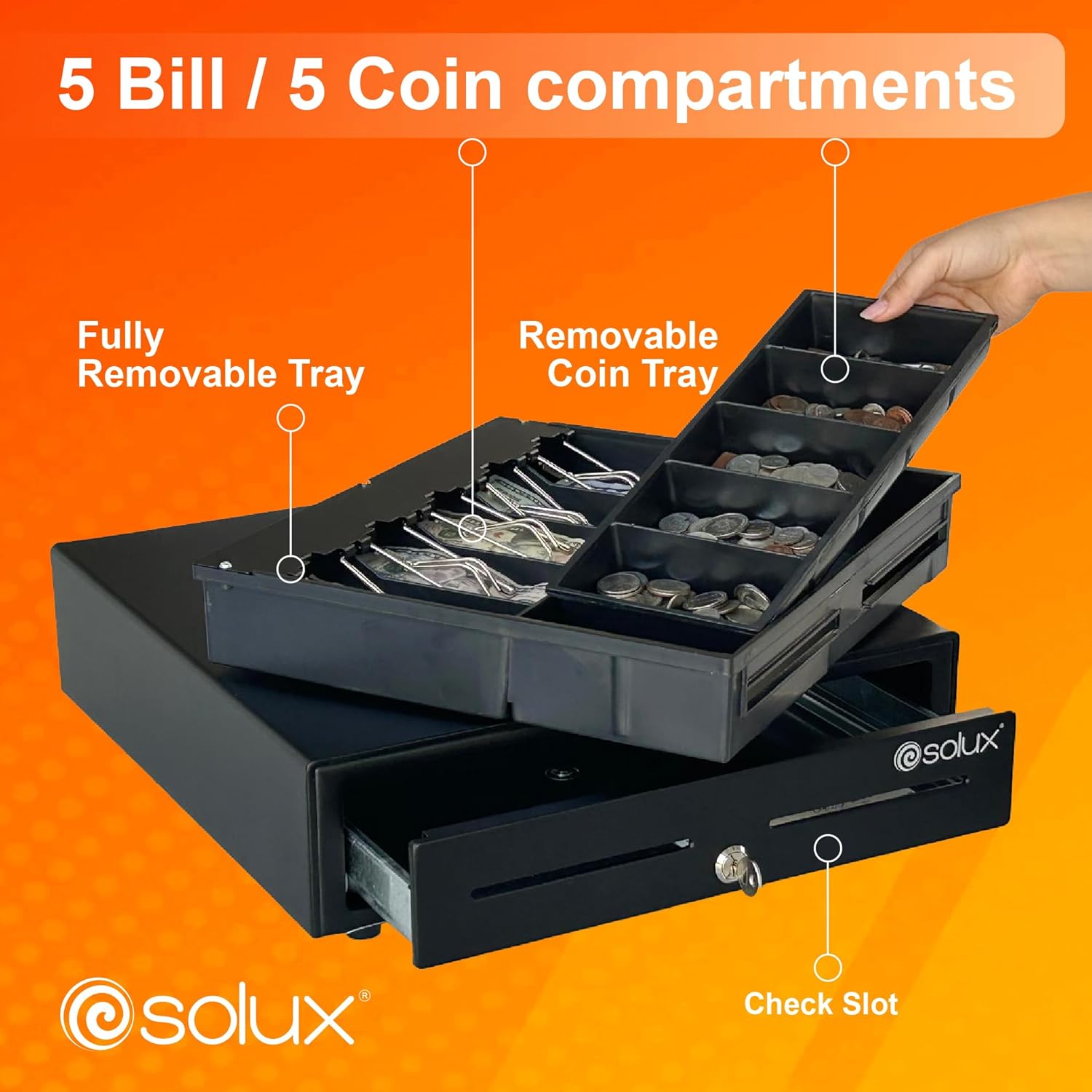 SOLUX 16-inch cash drawer with 5 bill and 5 coin compartments, showing the fully removable tray and check slot.