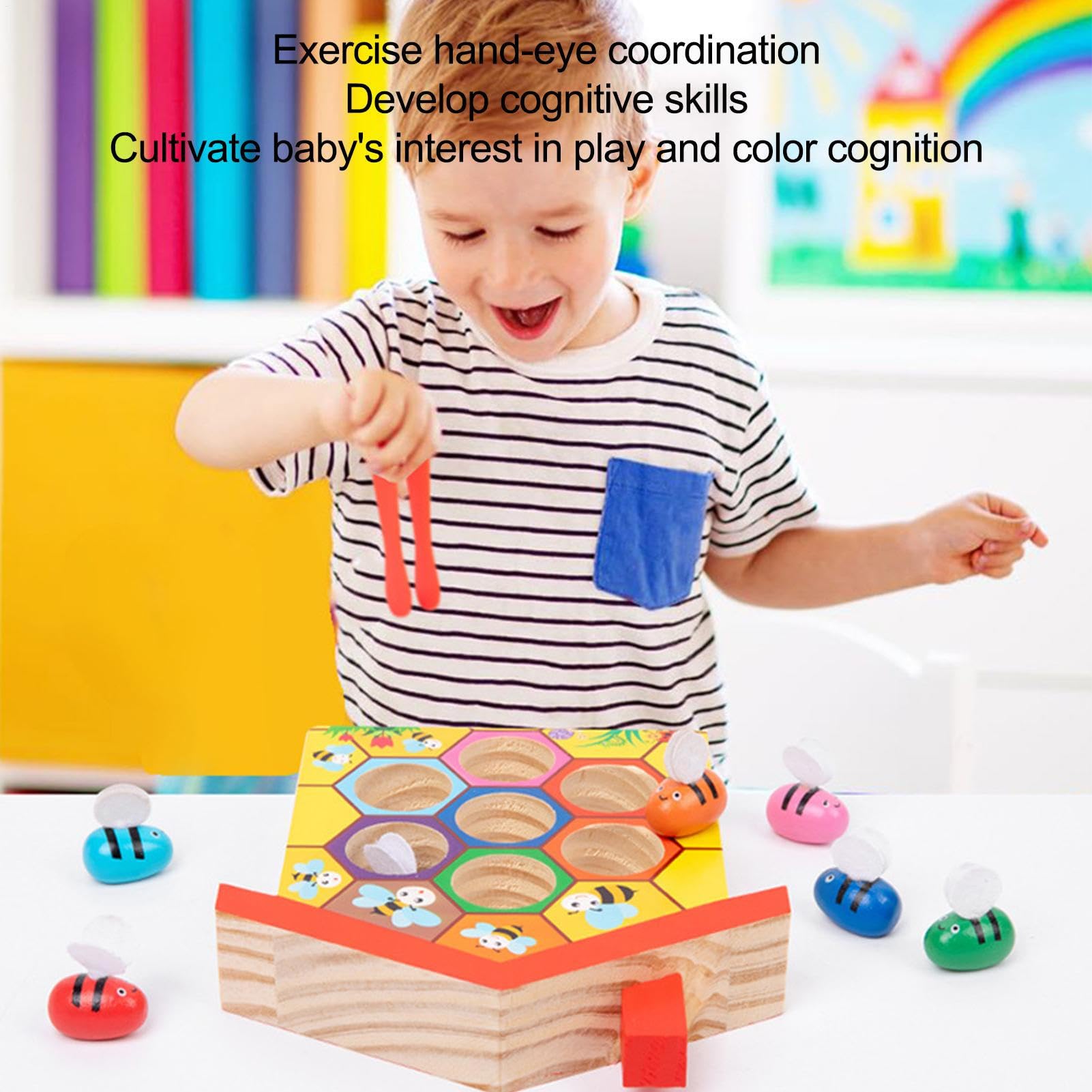 Jouet de ruche en bois - Jeu de correspondance 17x3,5 cm | Clips empilables - Éducation | Développement des compétences cognitives de reconnaissance des couleurs | Apprentissage préscolaire