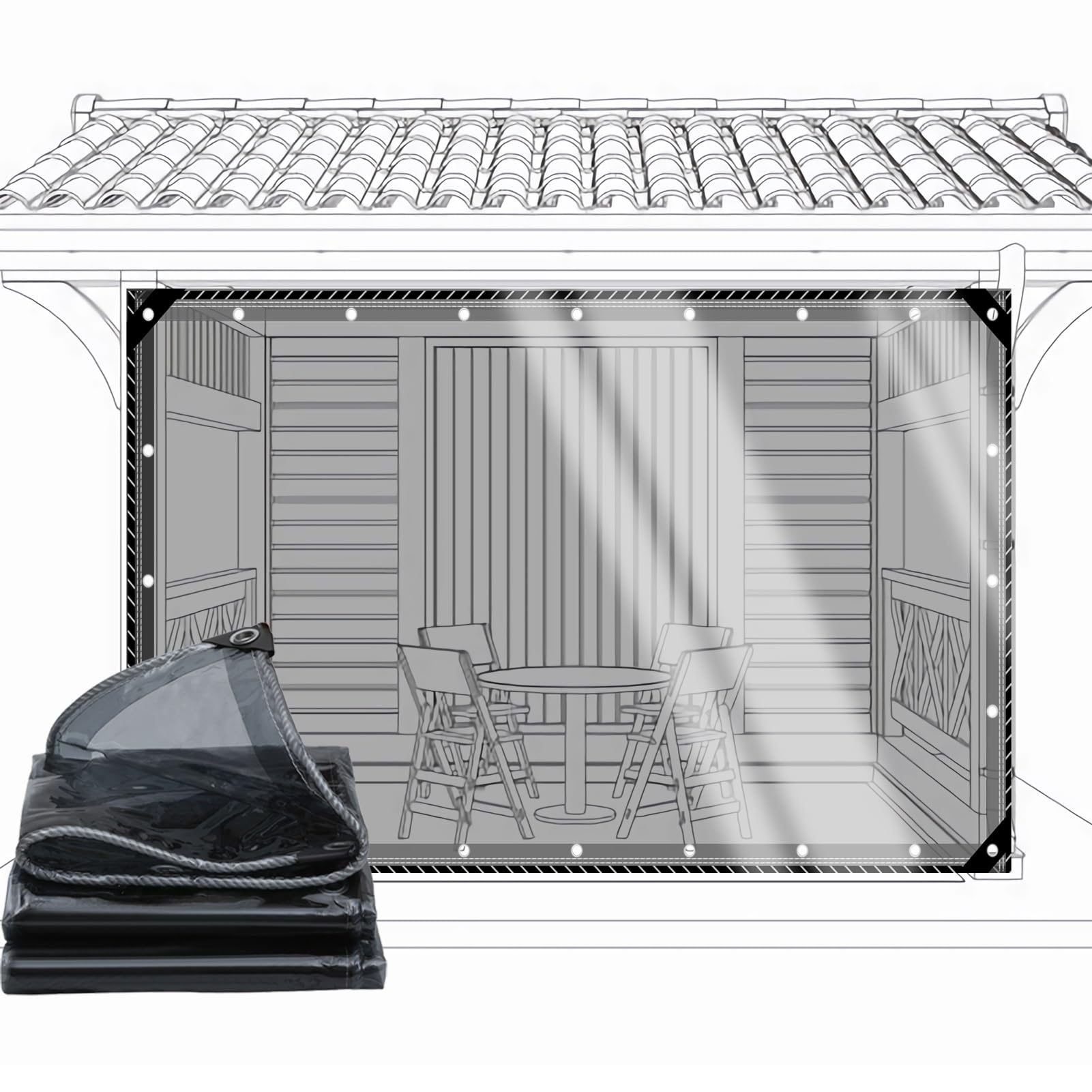 CAQXAQP Clear Heavy Duty Tarpaulin– 600gsm Waterproof Tarp PVC 2.1mx6m with Eyelets– Black Transparent Gazebo Side Panels for Pergola Garden & Balcony Rain Cover