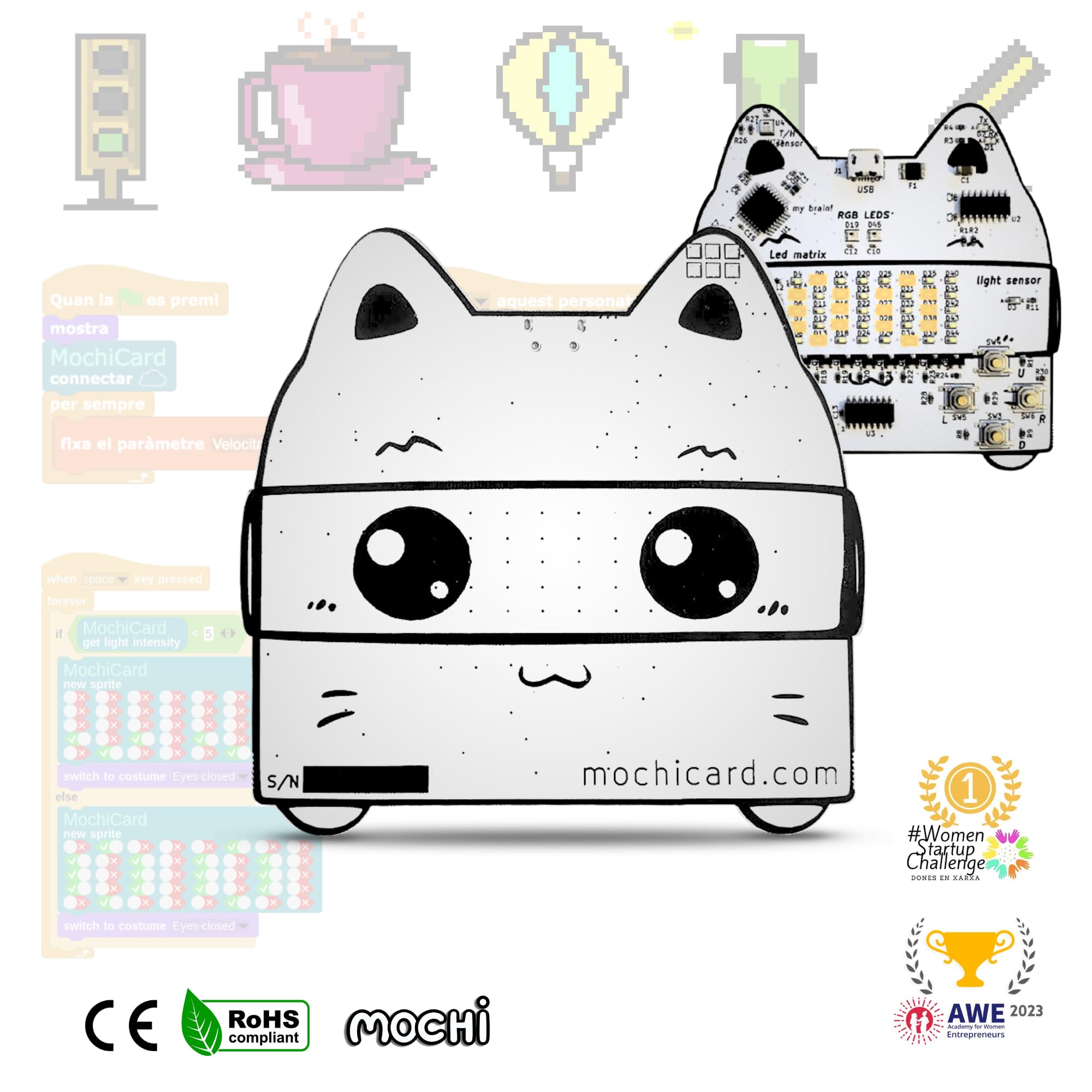 MochiCard - Placa Programable Educativa (Sensor Temperatura, Matriz de Leds, RGB, Luminosidad, Humedad, Acelerómetro) Kit básico de iniciación al IOT, Robótica y Programación
