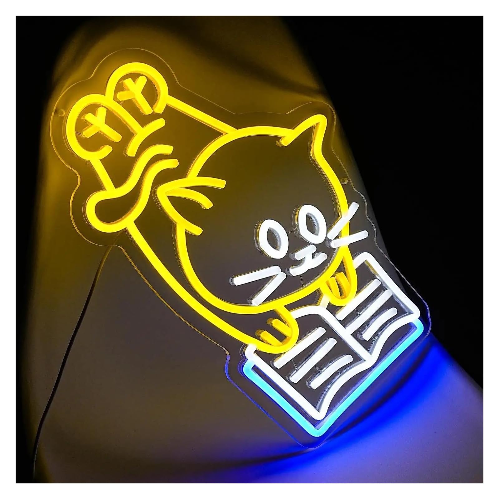 Luces de neón Luces De Neón Con Diseño De Gato Leyendo Un Libro Para Decorar El Dormitorio De Los Niños, El Aula O La Biblioteca, 39 X 31 Cm.