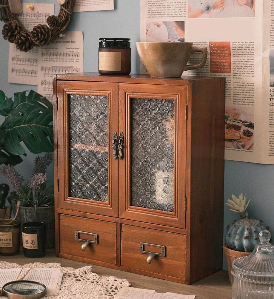 3 Tier Countertop Apothecary Cabinet with Glass Doors and 2 Drawers, Stylish Desktop Storage Organizer for Kitchen, Office, and Bedroom