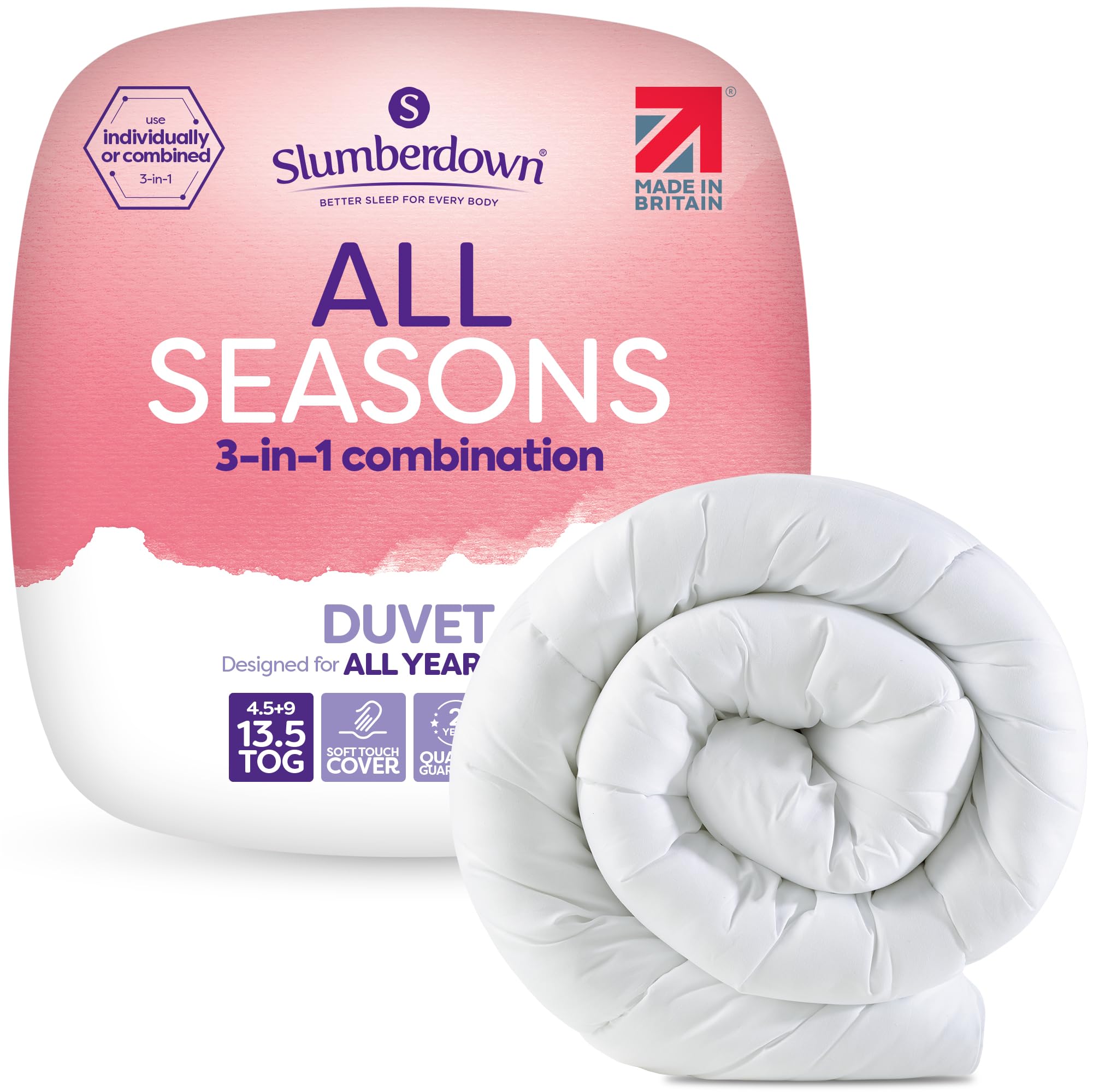 Slumberdown All Seasons 3-in-1 Single Duvet 13.5 Tog - 4.5 + 9 Tog Combi Quilt for All-Year Round Comfort | UK-Made, Soft Touch Cover, Non-Allergenic, Washable (135 x 200cm)