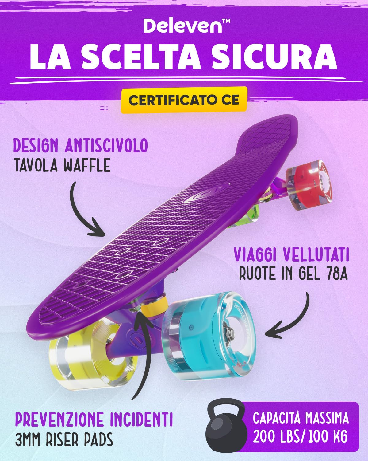 Deleven Skateboard 56cm con Ruote LED, Tool per Skate e Cuscinetti Abec 7 - Per Bambini Principianti Ragazze Ragazzi Adolescenti Adulti