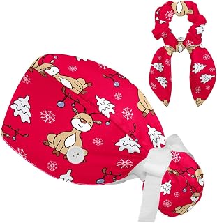 Bouffant Scrub Hats with Buttons Sweatband and Hairband Surgical Bouffant Caps for Women, Christmas Deer