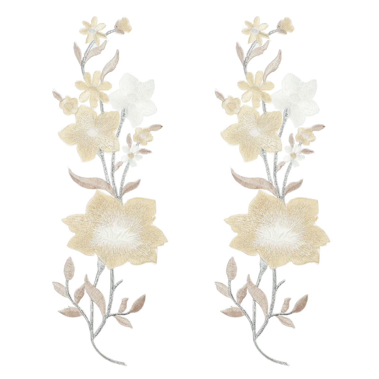sourcing map 2Pcs Plum Iron on Appliques, 10in Plum Blossom Flower Applique Patch Flower Leaf Vines Iron on Sewing Embroidered Patches for Dress Clothes Down Jacket Jeans Bag, Beige, White