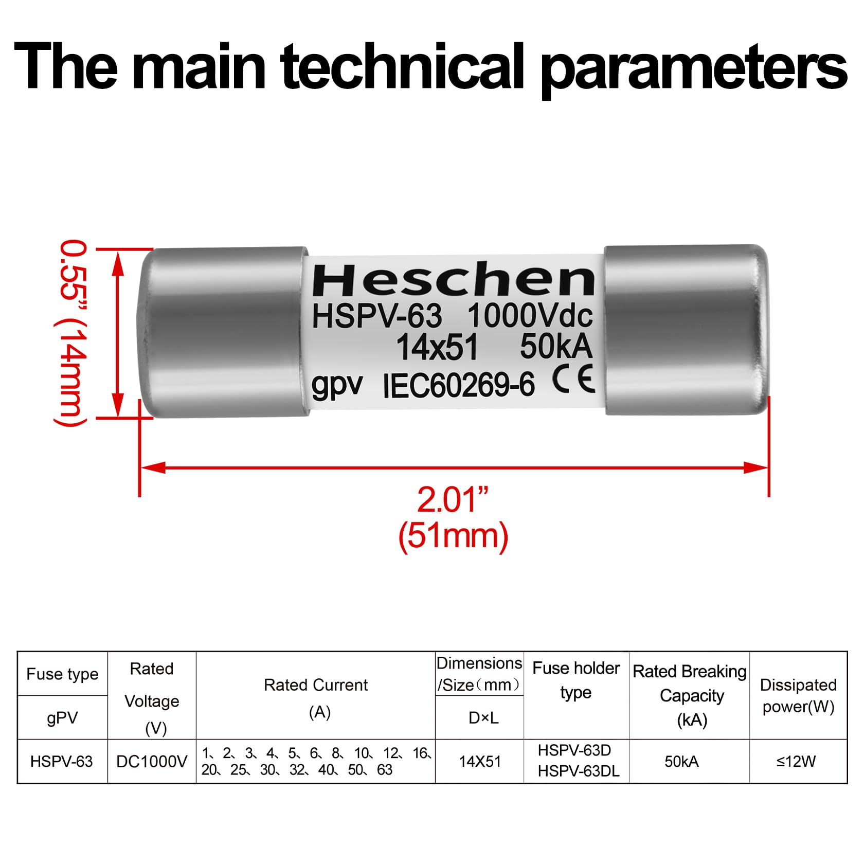 Heschen 5 fusibles fotovoltaicos solares de 1000 V CC 1000 V, tipo gPV, HSPV-63, 14 x 51 mm, 30 A, 1000 VDC, 50 kA, para protección solar de sistema de PV