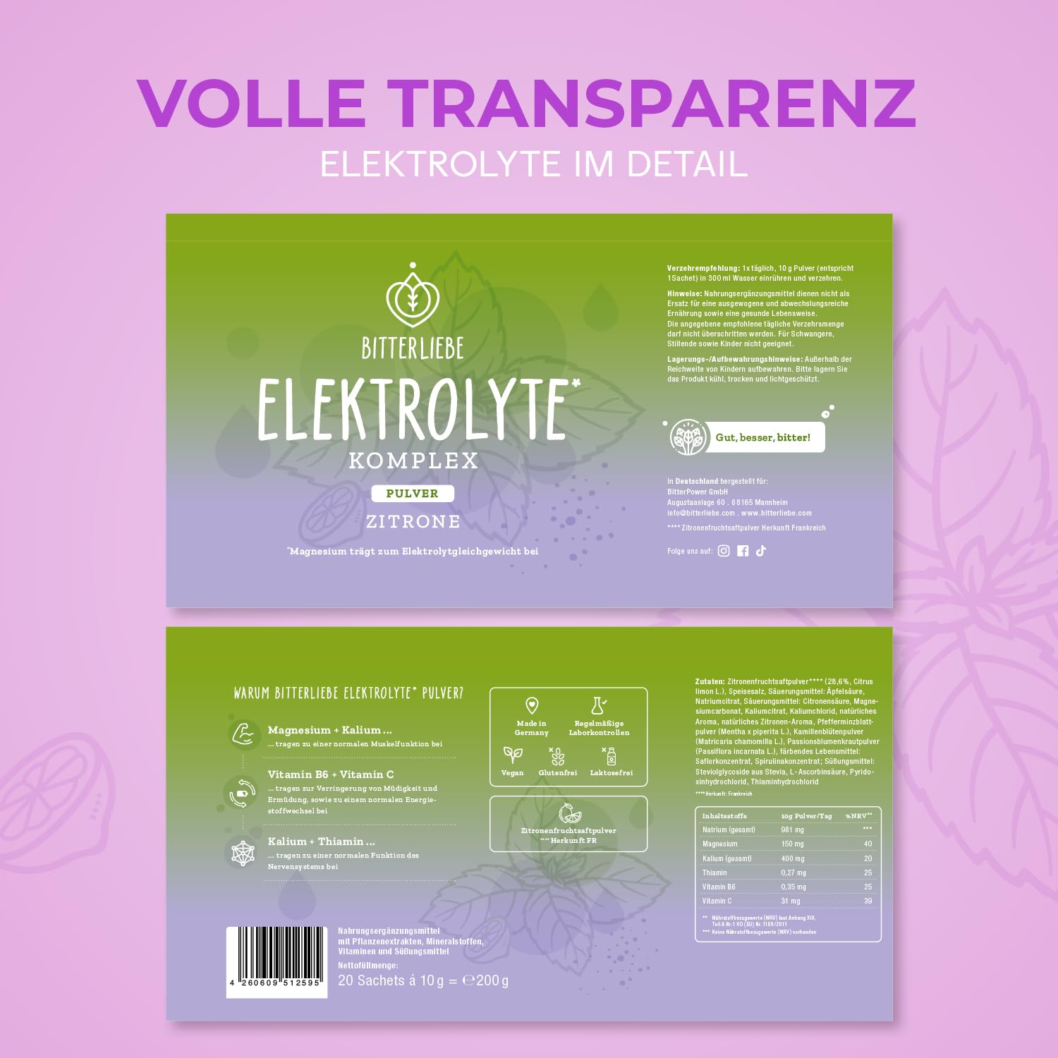 BitterLiebe Elektrolyte Komplex - Elektrolyt Pulver ohne Zucker - Unterstützt Flüssigkeitshaushalt & Elektrolytgleichgewicht - Ideal bei Sport & Kater mit Kalium und Magnesium - Zitrone - 1x200g