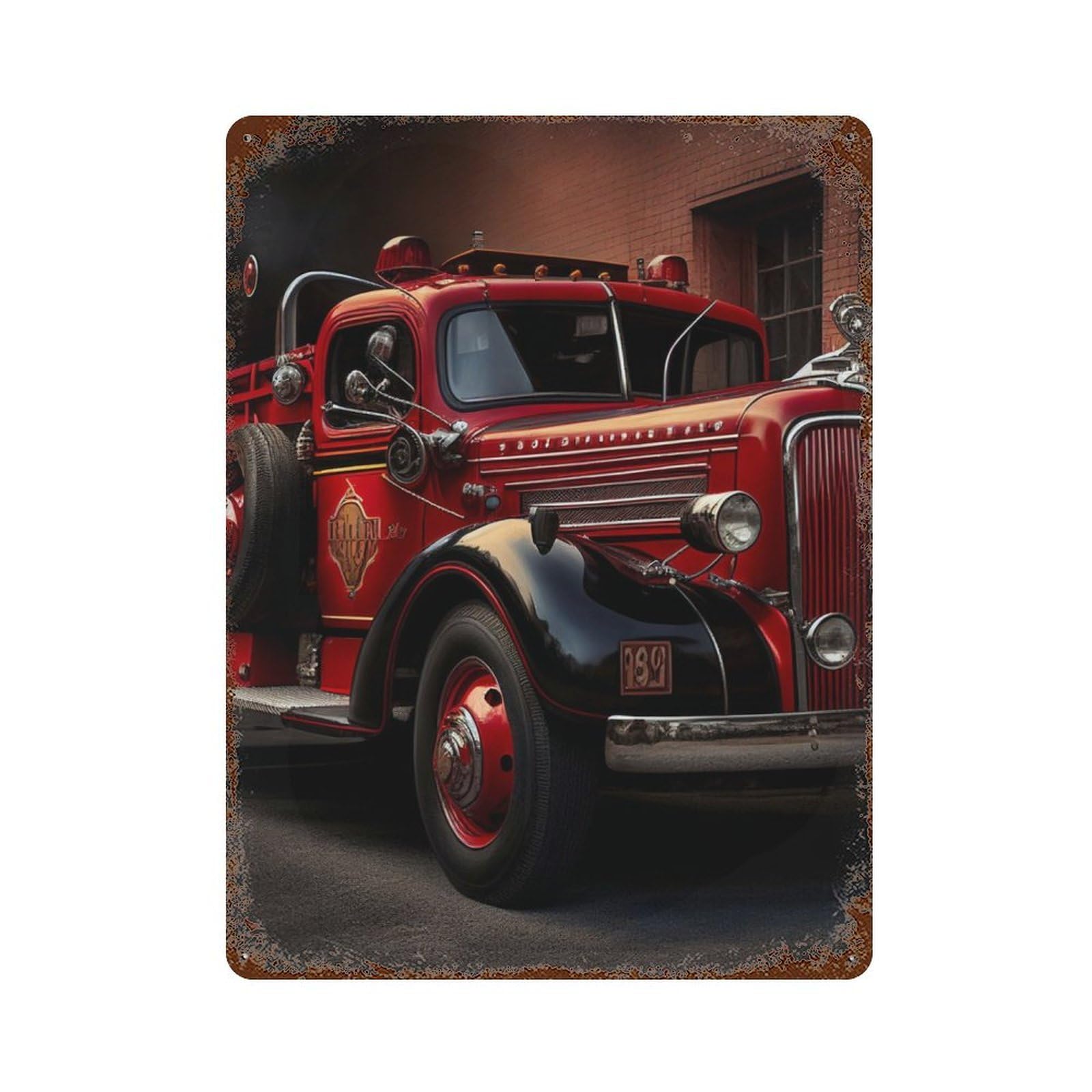 Retro Fire Engine Rustic Tin Plaque 15.7"x11.8", Ideal for Shed, Workshop And Garage Wall Decor