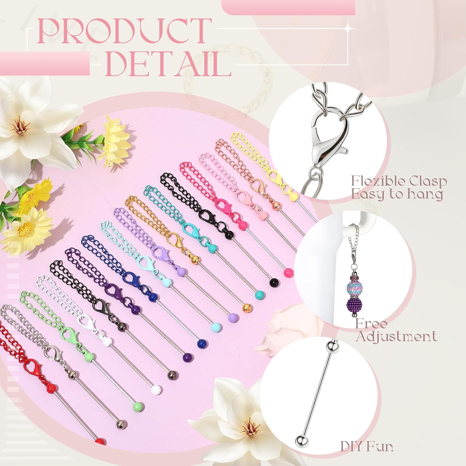 Sayglossy 48 Pcs Beadable Charm Accessories for Tumblers with Handle Cup Chains Wire for 30 40 oz Water Bottle Jewelry Making Blank Beaded DIY Gift (Multicolor)