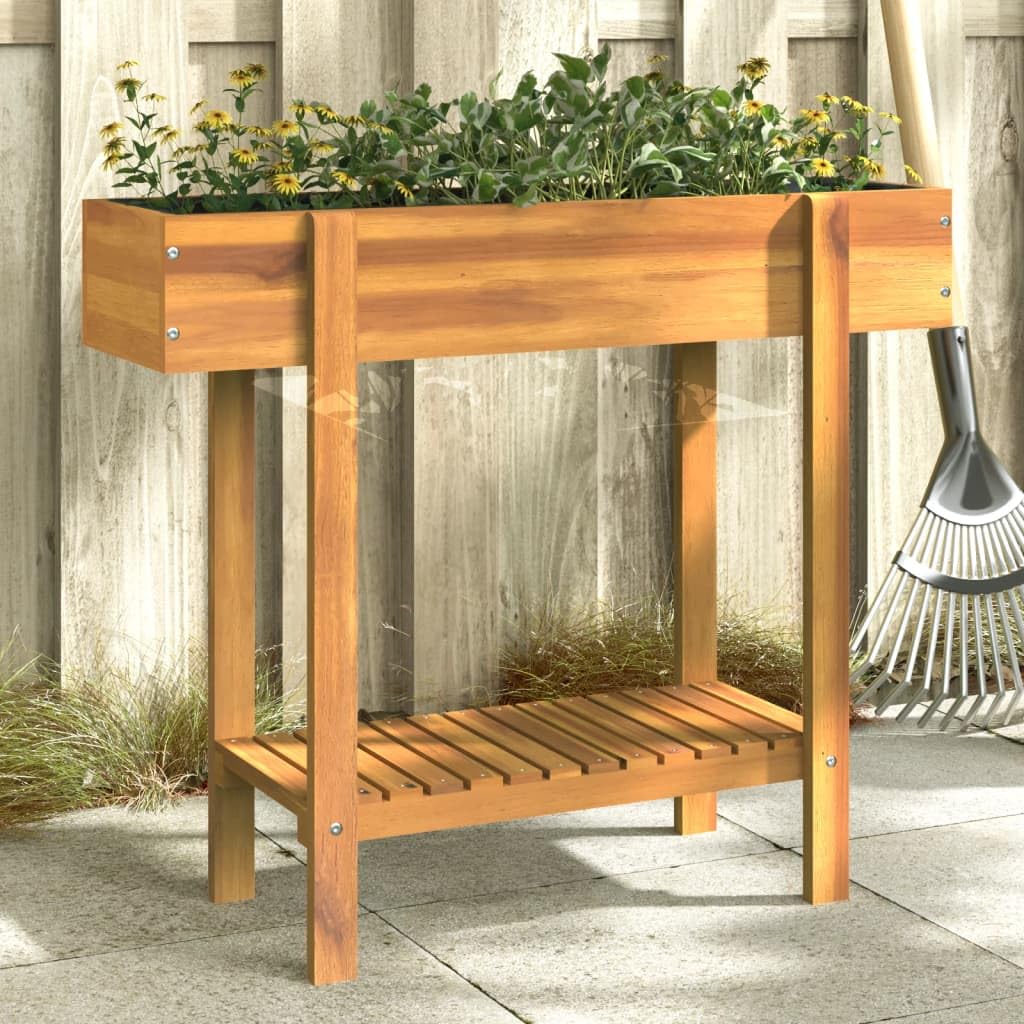 Jardinera de madera maciza de acacia, 90 x 30 x 75 cm, con estante, resistente a las heladas, para balcón, terraza y jardín, jardinera, interior y exterior, maceta, almacenamiento de agua
