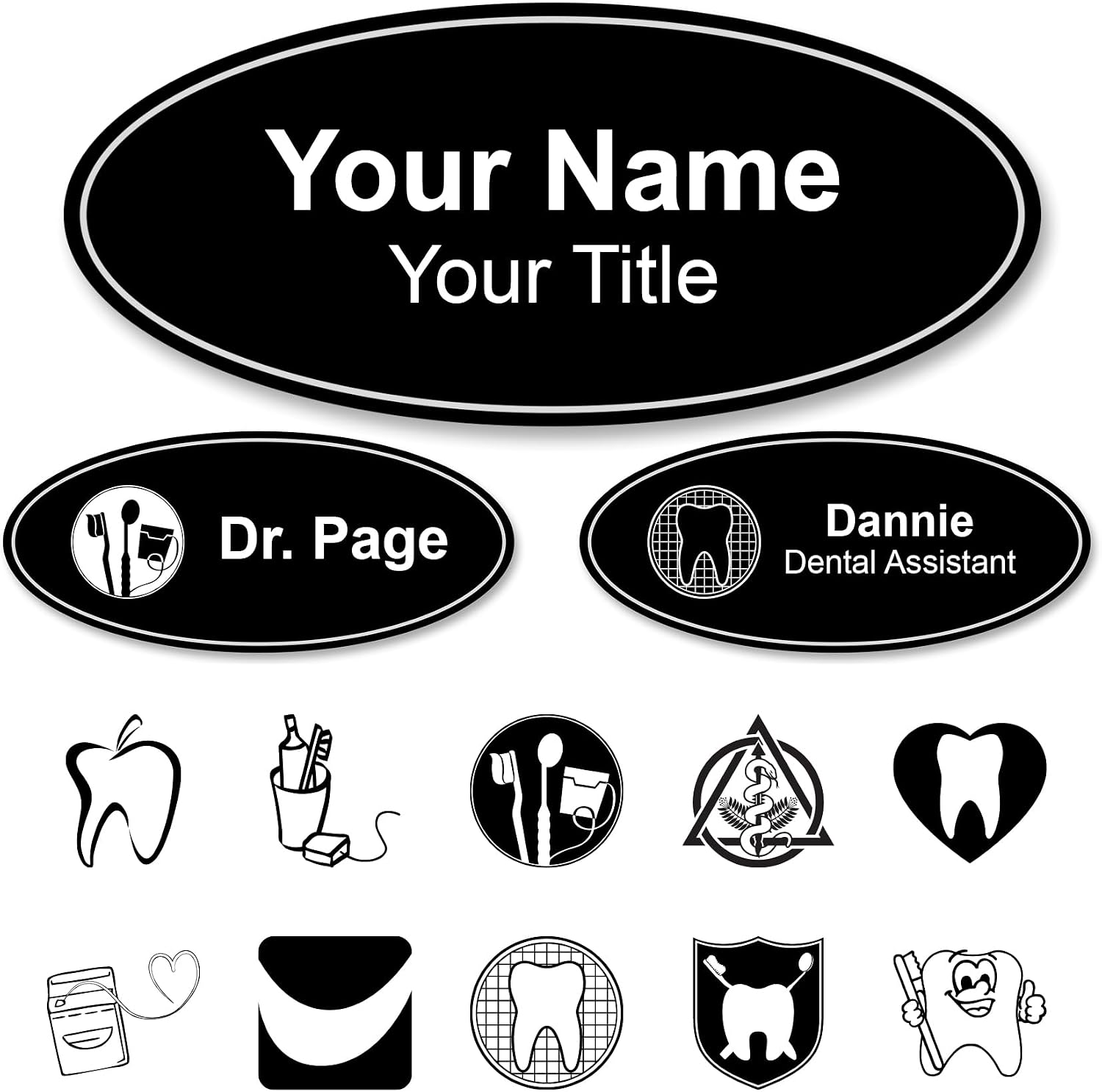 Custom Engraved Black Oval Name Tag with Magnet, Two Lines Personalized, Choice of Dental Logo Name Badge