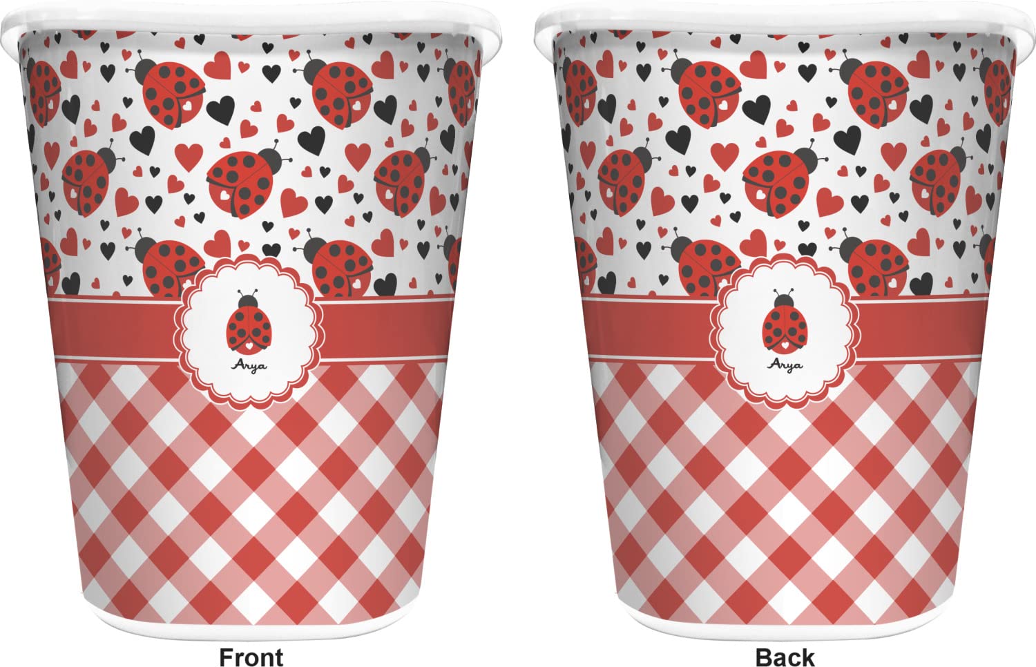 RNK Shops Personalized Ladybugs & Gingham Waste Basket - Double Sided (White)