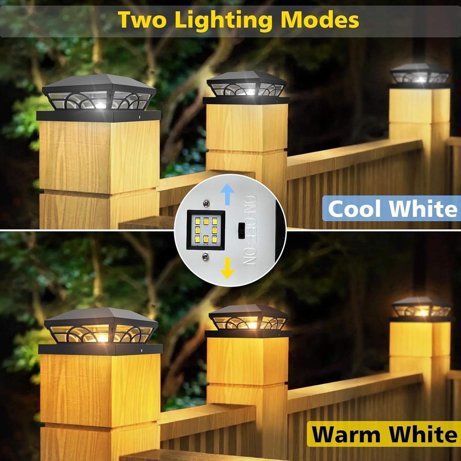 T-SUN Solar Post Cap Lights 6 Pack – Outdoor Waterproof Fence Lights for 3.5x3.5 4x4 5x5 5.5x5.5 Wood/Vinyl Posts, 2 Modes Warm White/White, Solar Deck Light for Patio, Garden, Porch (Black)