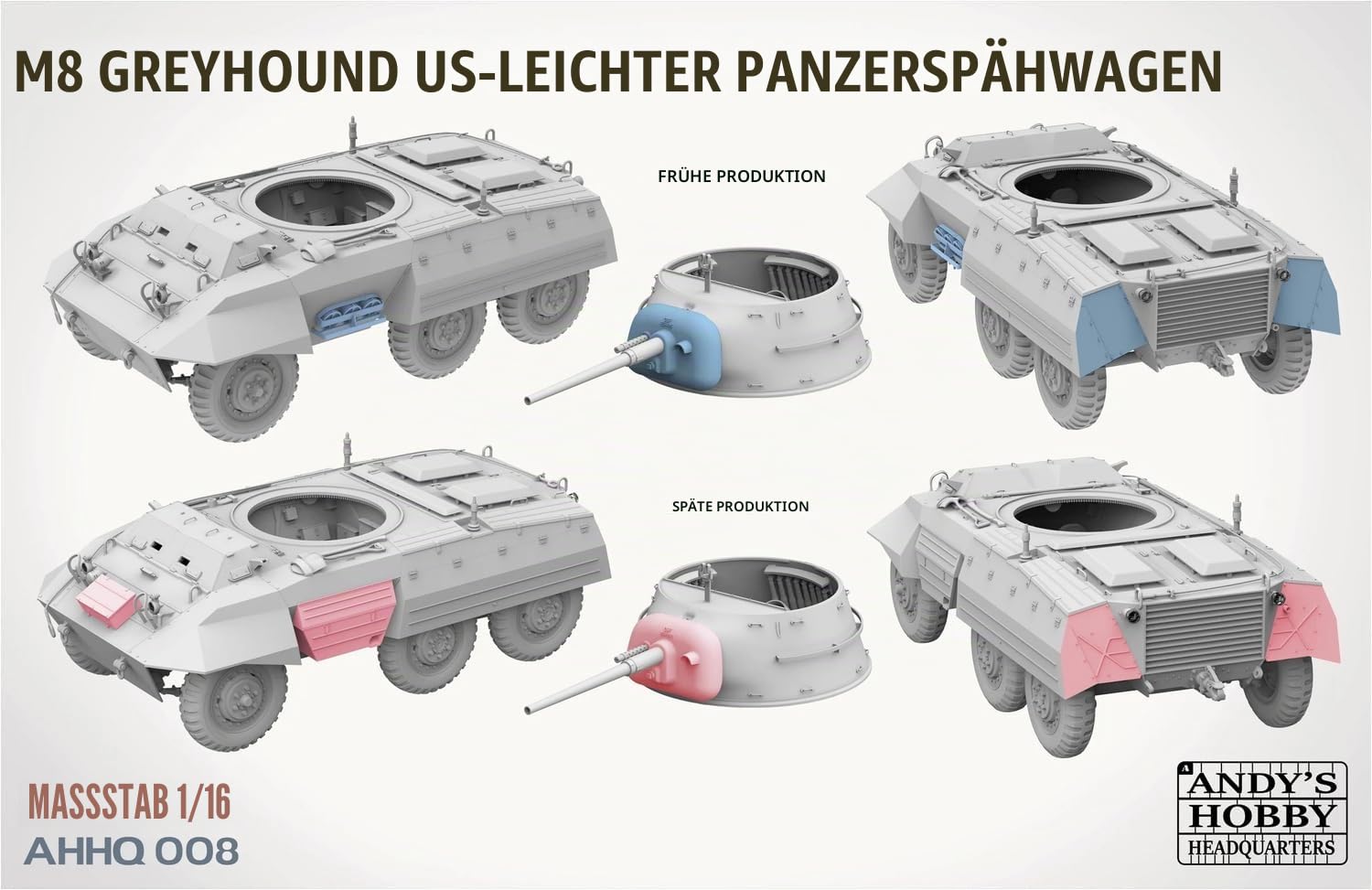ANDYS Hobby Headquarters AHHQ-008 M8 Greyhound US Light Armored Car + Figur Maßstab 1:16 Modellbausatz Plastikmodellbau