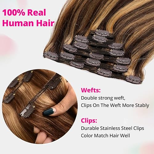 Miniatura 3 de Asteria Extensiones de cabello humano real con broches, para mujer, con reflejos, color marrón chocolate a rubio caramelo, extensiones de cabello