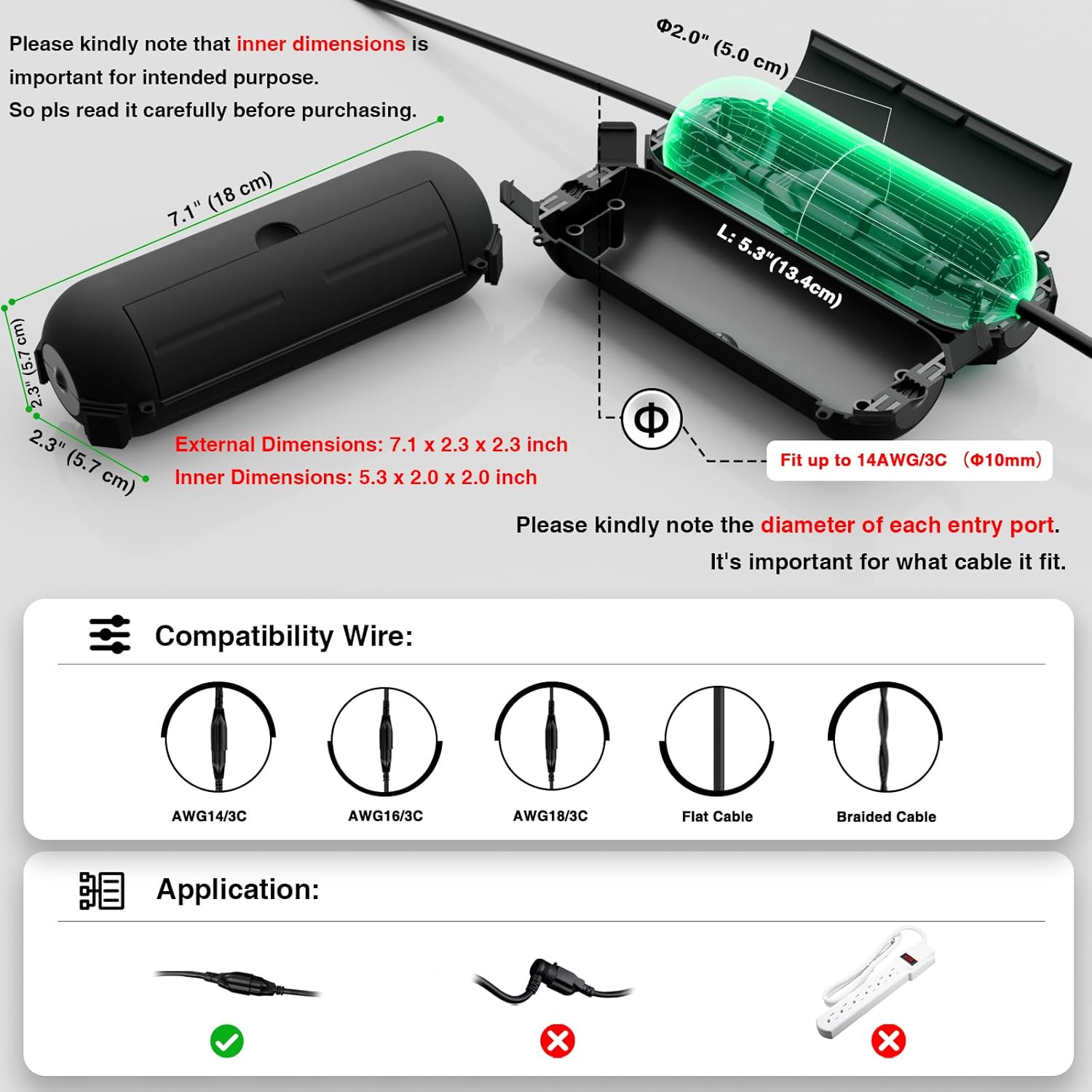 Flemoon 3-Piece Outdoor Waterproof Electrical Box Set – 11.5" x 5.2" x 4" Medium Electrical Box & 2 pcs 7.1" x 2.3" x 2.3" Extension Cord Covers for Power Strip, Holiday Light, Black