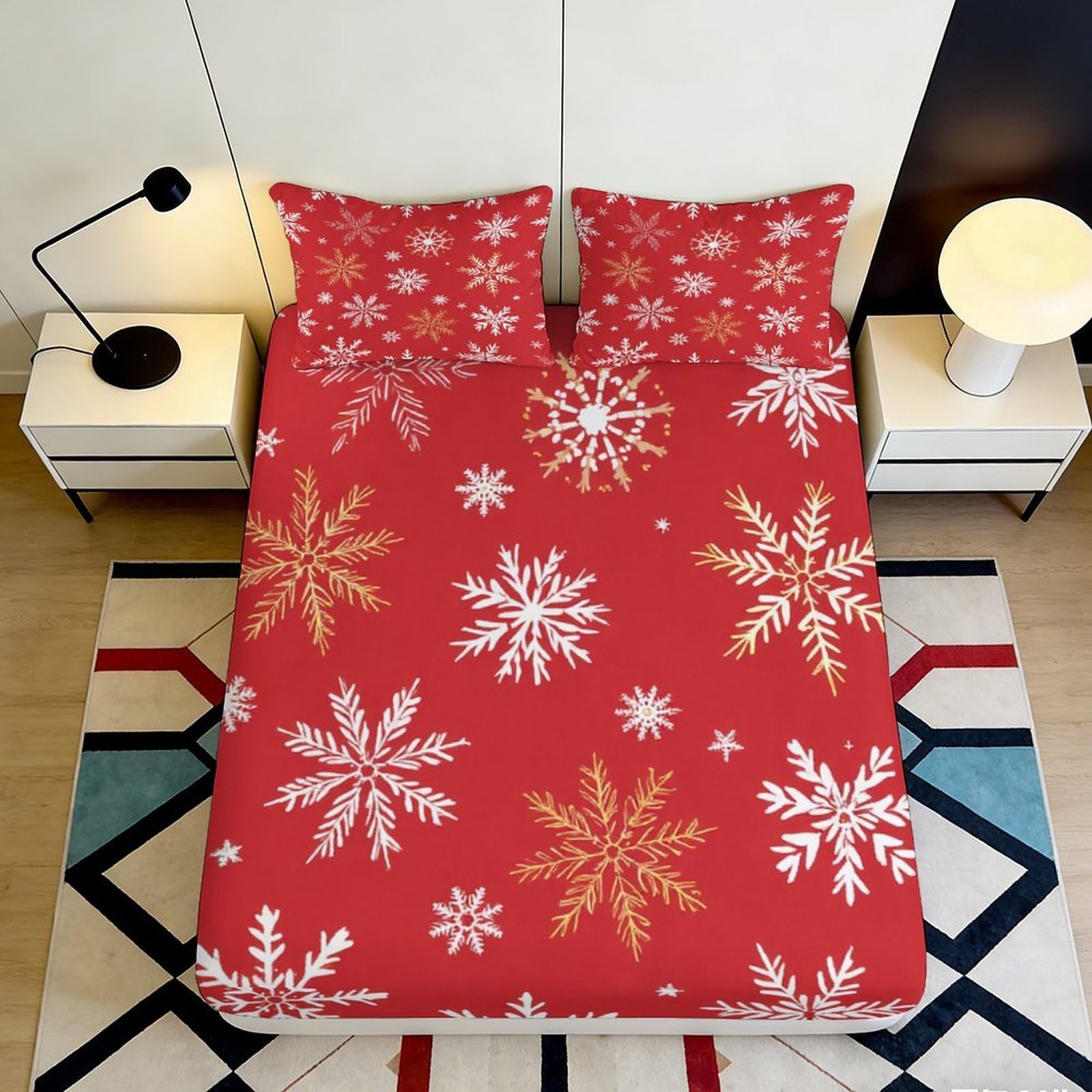 3D Printed Snowflake Fitted Sheet Microfiber Deep Pocket Bedroom Bedding Snowflake Mattress Fitted Cover Non-Slip Full Wrap Washable 160x200x25cm