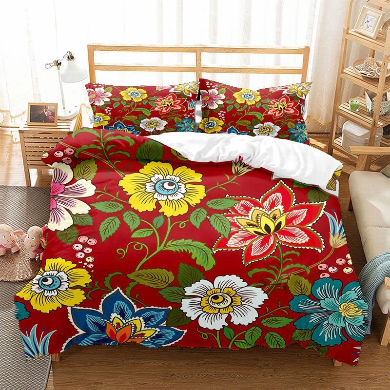 Housse de Couette 220x240 Fleurs Rouges en Microfibre avec 2 Taies d'Oreiller pour Lit Adulte