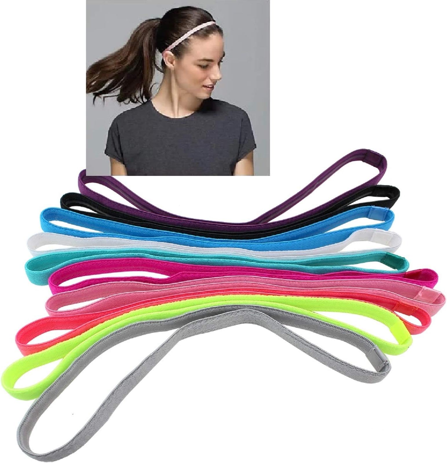 Girls Sport Headbands Non-Slip Hairband - Athletic Grip Elastic Single Skinny Sweatbands for Guide Sweat When Running Soccer Basketball Yoga Tennis Cycling 10 Pack