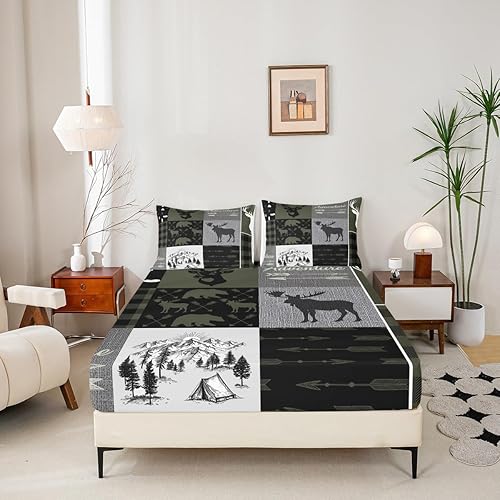 Miniatura 132 de Sábana bajera ajustable de oso de caza, juego de ropa de cama a cuadros de búfalo, sábanas de retazos de cabaña rústica para niños, niños, Multi