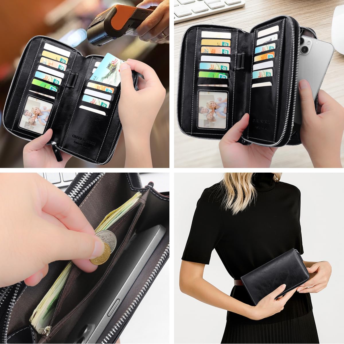 HNOOM Portafoglio Donna in Pelle PU Grande Capacità con Cerniera, Bloccaggio RFID, Elegante Portamonete con 14 Scomparti per Carte (Nero)