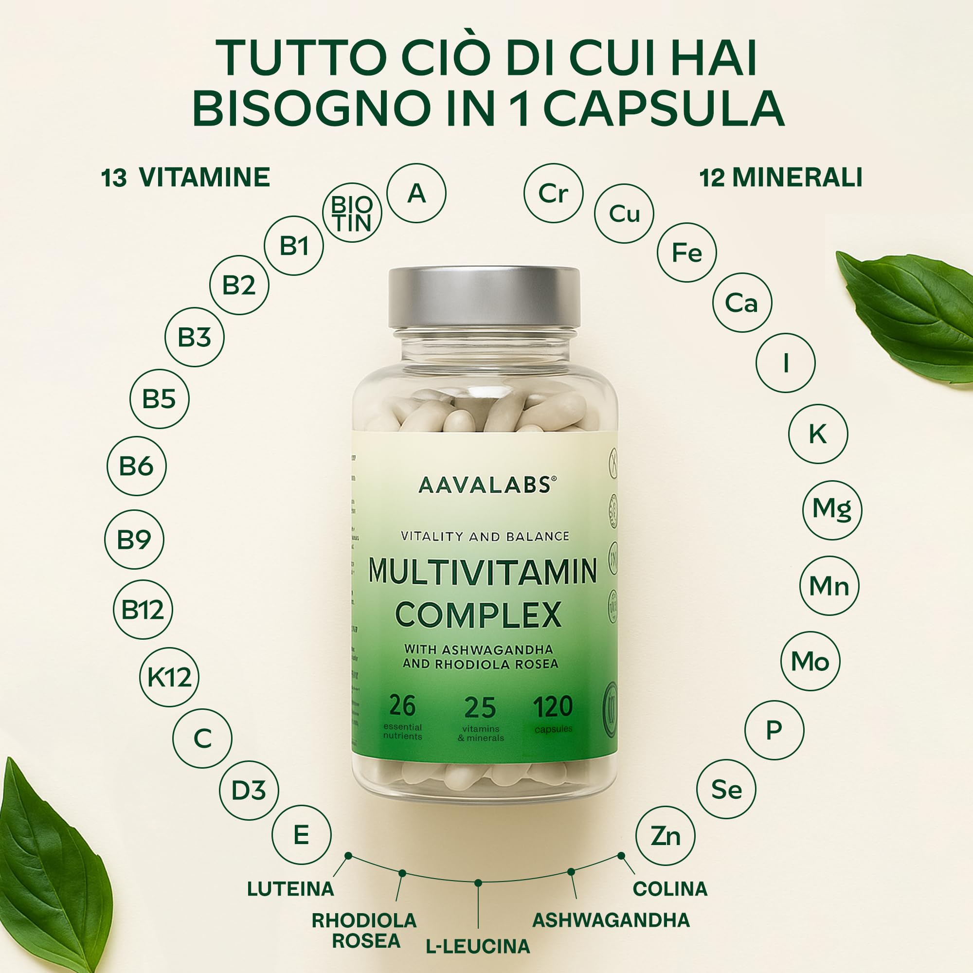 Multivitaminico Completo 25 Vitamine e Minerali Ashwagandha Rhodiola Rosea, Integratore Multivitaminico Donna Uomo Difese Immunitarie Adulti Vitamina D Vitamina C Zinco Magnesio e Potassio -120Capsule