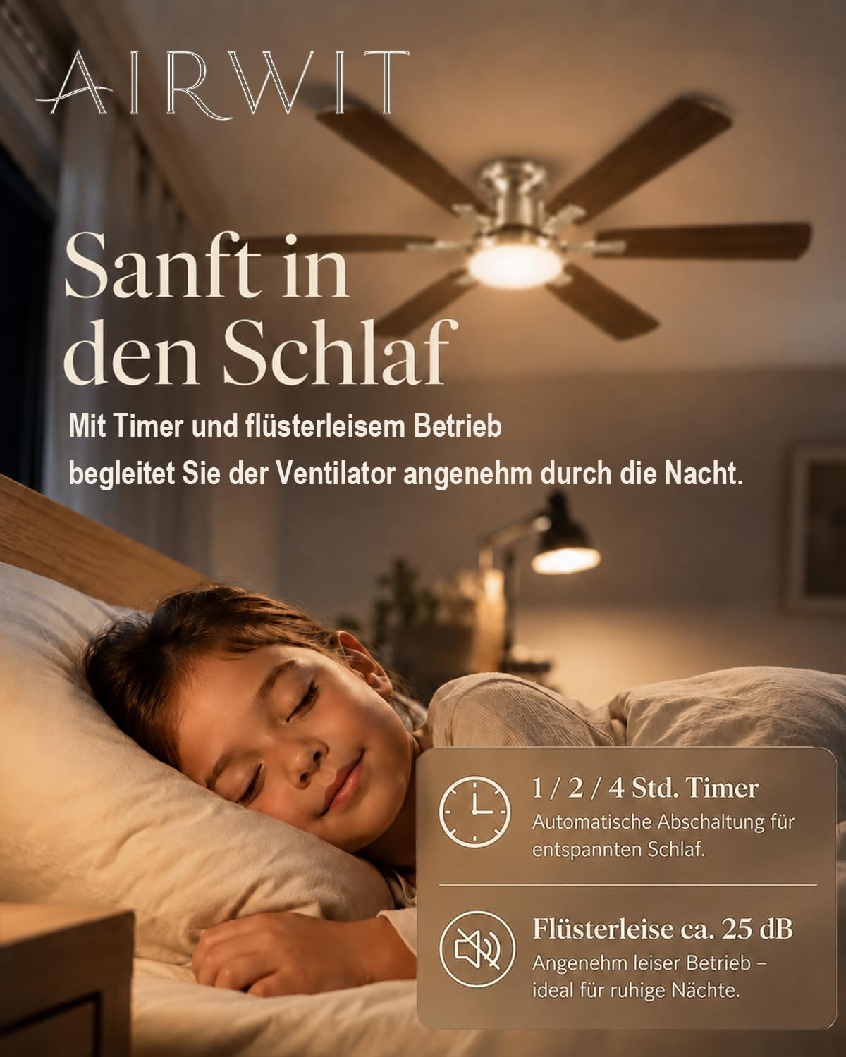Airwit 132 cm Deckenventilator mit Beleuchtung und Fernbedienung, Deckenventilator mit Licht, leiser DC-Motor, 6 Geschwindigkeiten, dimmbare LED, Timer, Sommer-/Winterbetrieb, Walnuss/Silber