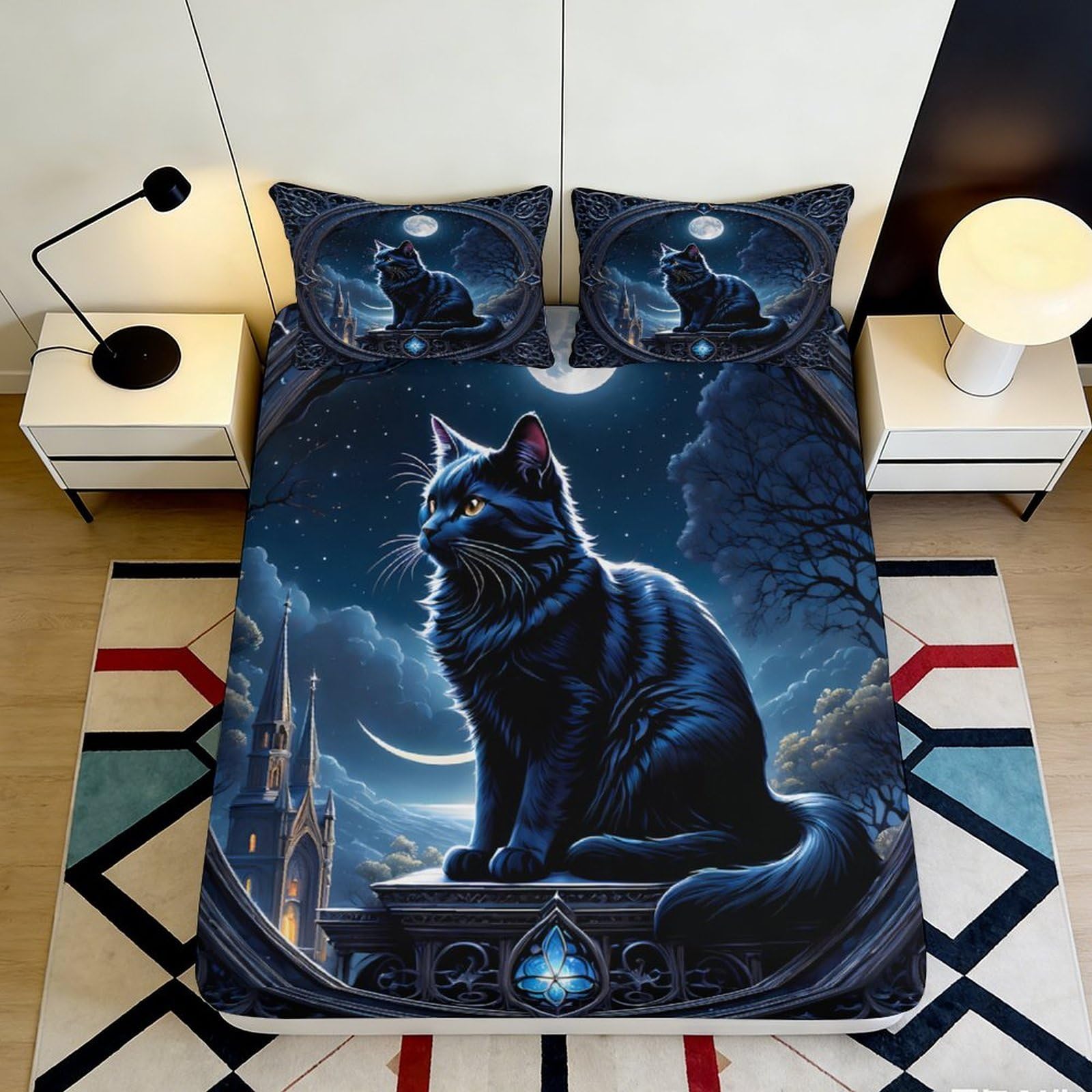 3D Printed Moonlit Black Cat Fitted Sheet Microfiber Bedroom Bed Cover Art Decor Mattress Protection 90x200x25cm