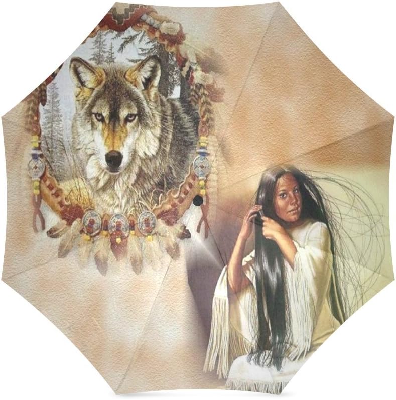 Thanksgiving/Christmas Gifts Native American Indian Girl and Wolf 100% Fabric And Aluminium Foldable Umbrella