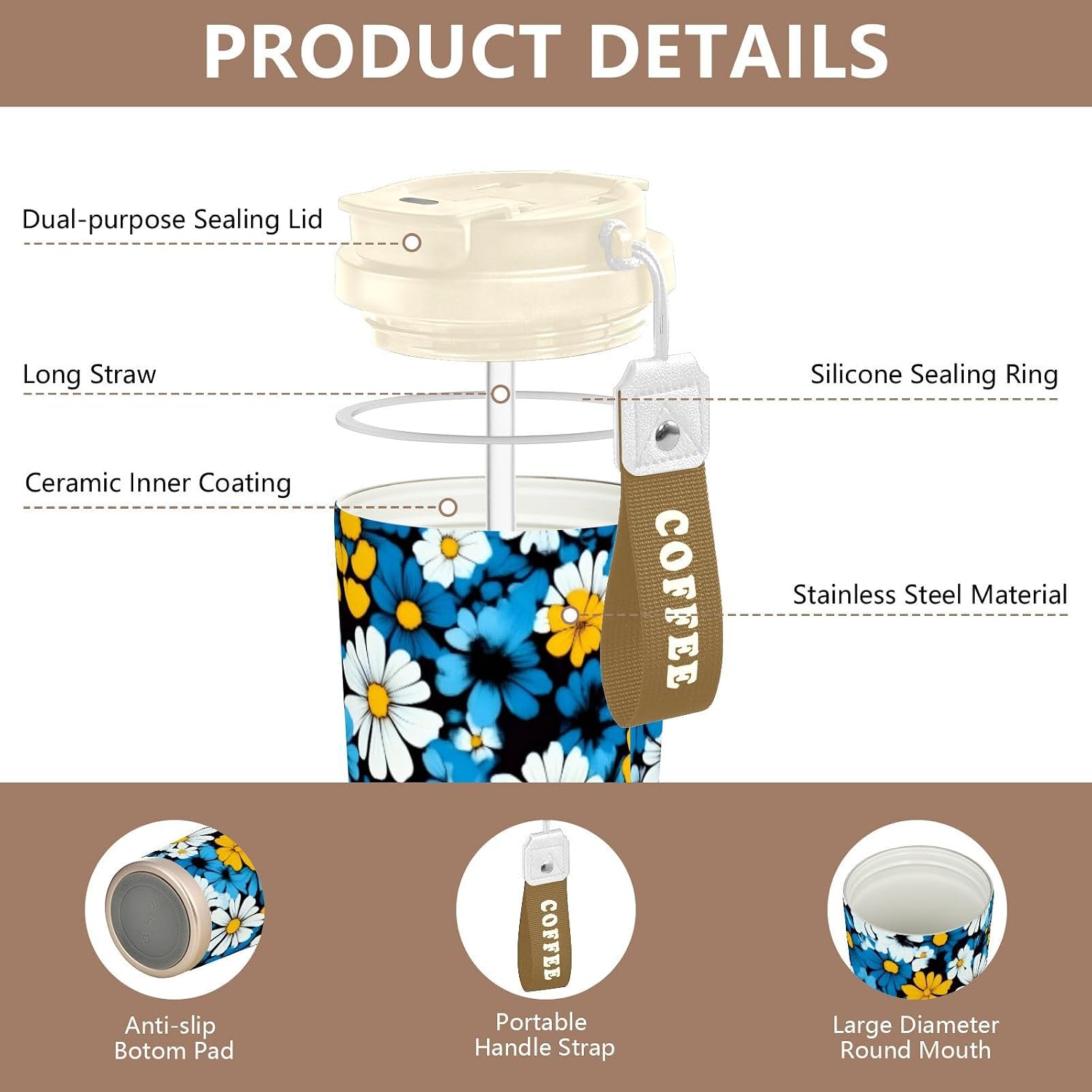 Insulated Coffee Mug Daisy Colorful with Straw & Flip Lid, 16.9oz Iced Tumbler Cup, Double Wall Vacuum Mug for Travel Office Camping