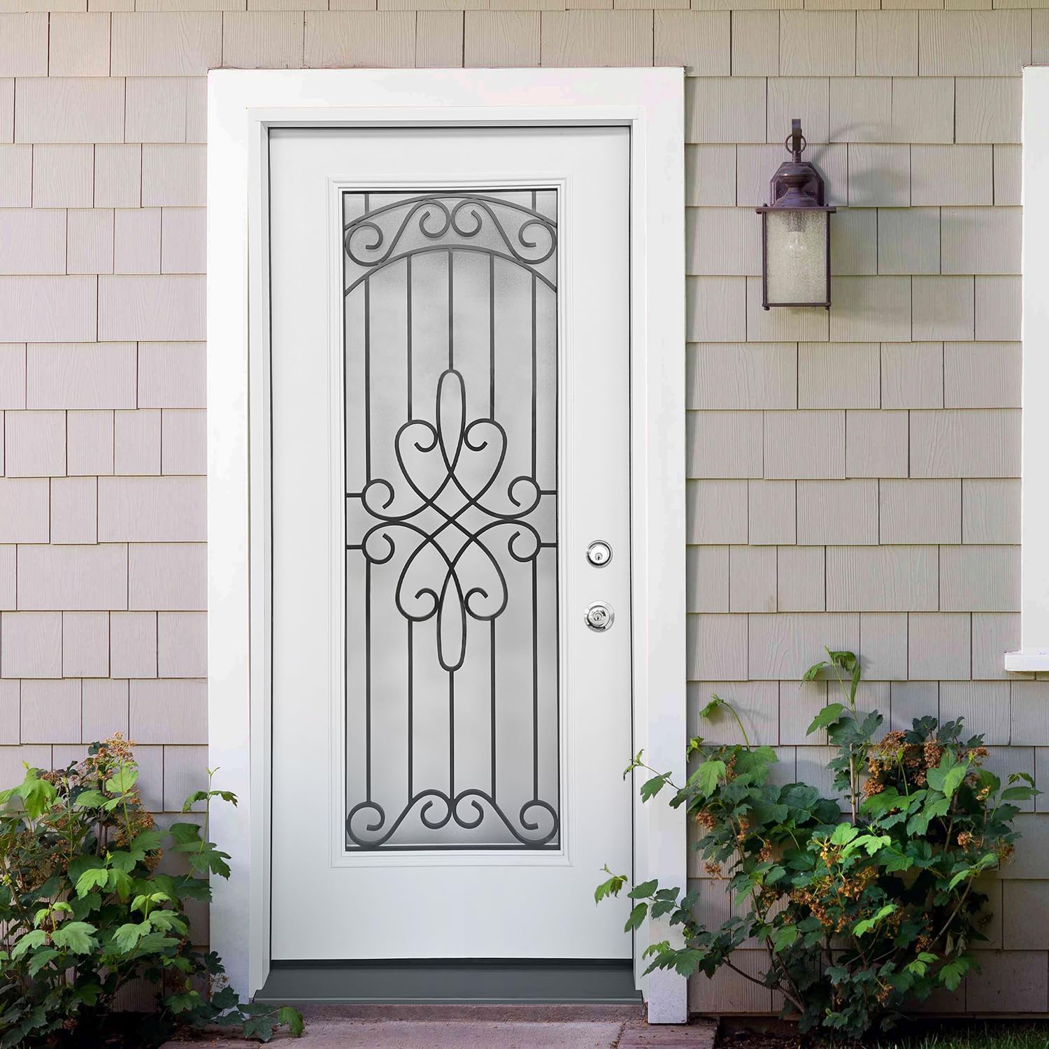 36x80 Fiberglass Full Lite Prehung Front Door with Wrought Iron Decorative Glass, White Exterior Entry Door with Frame (36" x 80", Left Hand Inswing)