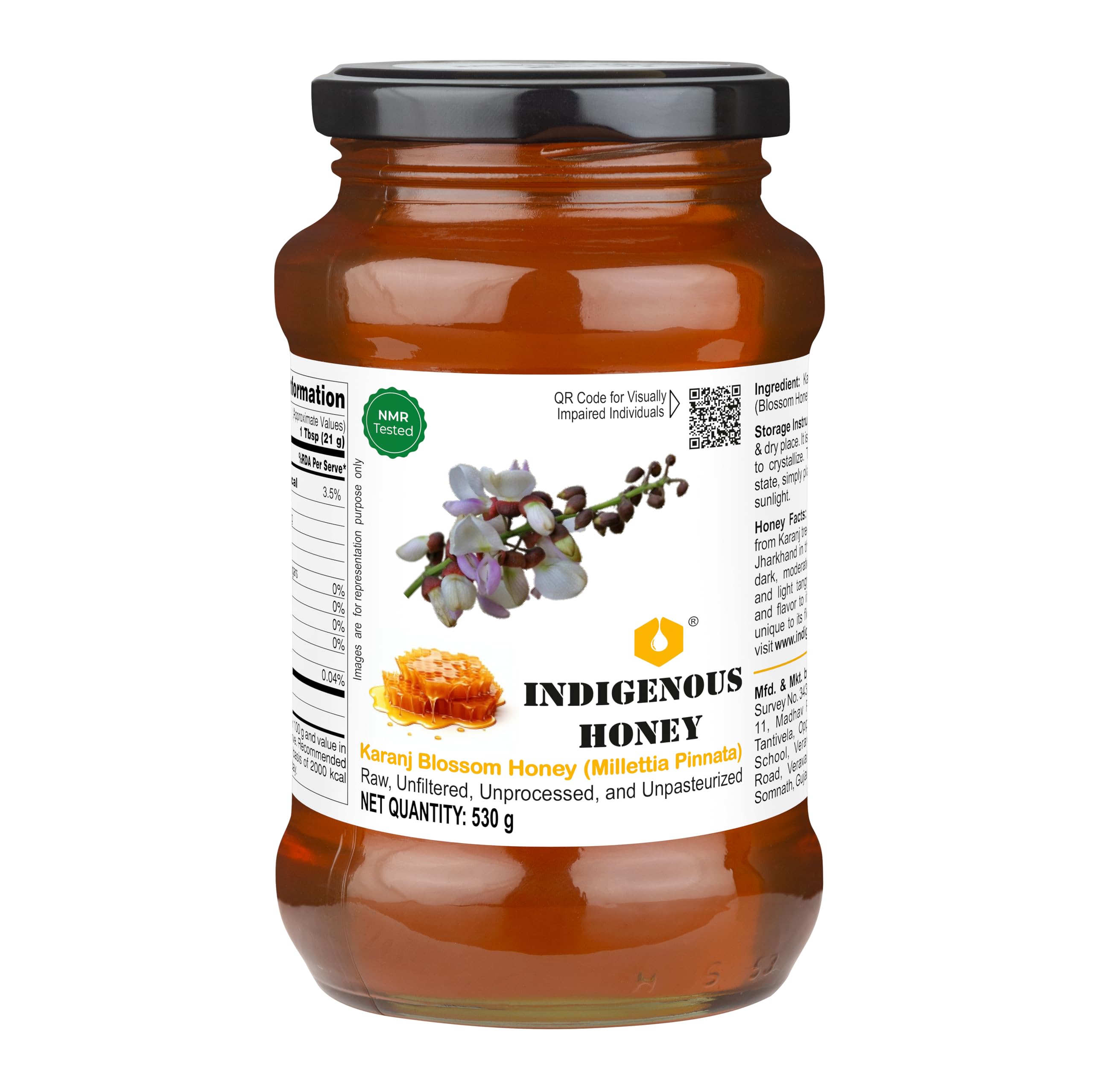 INDIGENOUS HONEY Karanj Honey Raw Organic Natural Pure Unprocessed NMR Tested Unpasteurized Unheated 530g Glass Jar Pack of 1