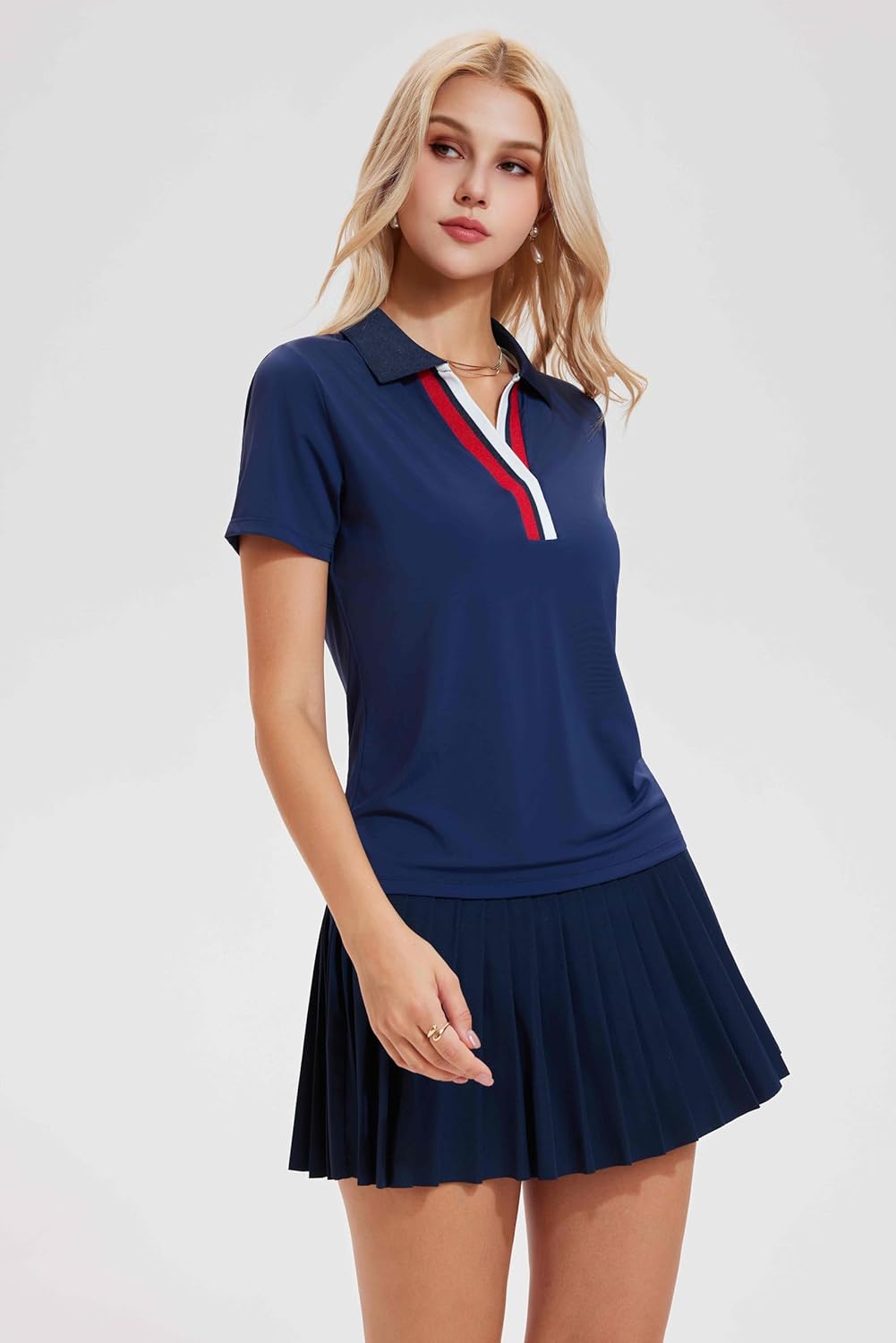 Tennis Skirt Set for Women Color Block V Neck Golf Pickleball Outfits Pleated Athletic Two Piece Skirts Sets - Image 2